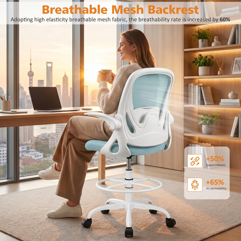 Drafting Chair Tall Office Chair with Flip-up Armrests, Adjustable Height, and Enhanced Lumbar Support - Ergonomic Rolling Stool, Back Support, and Adjustable Foot Rest Ring for Standing Desk White