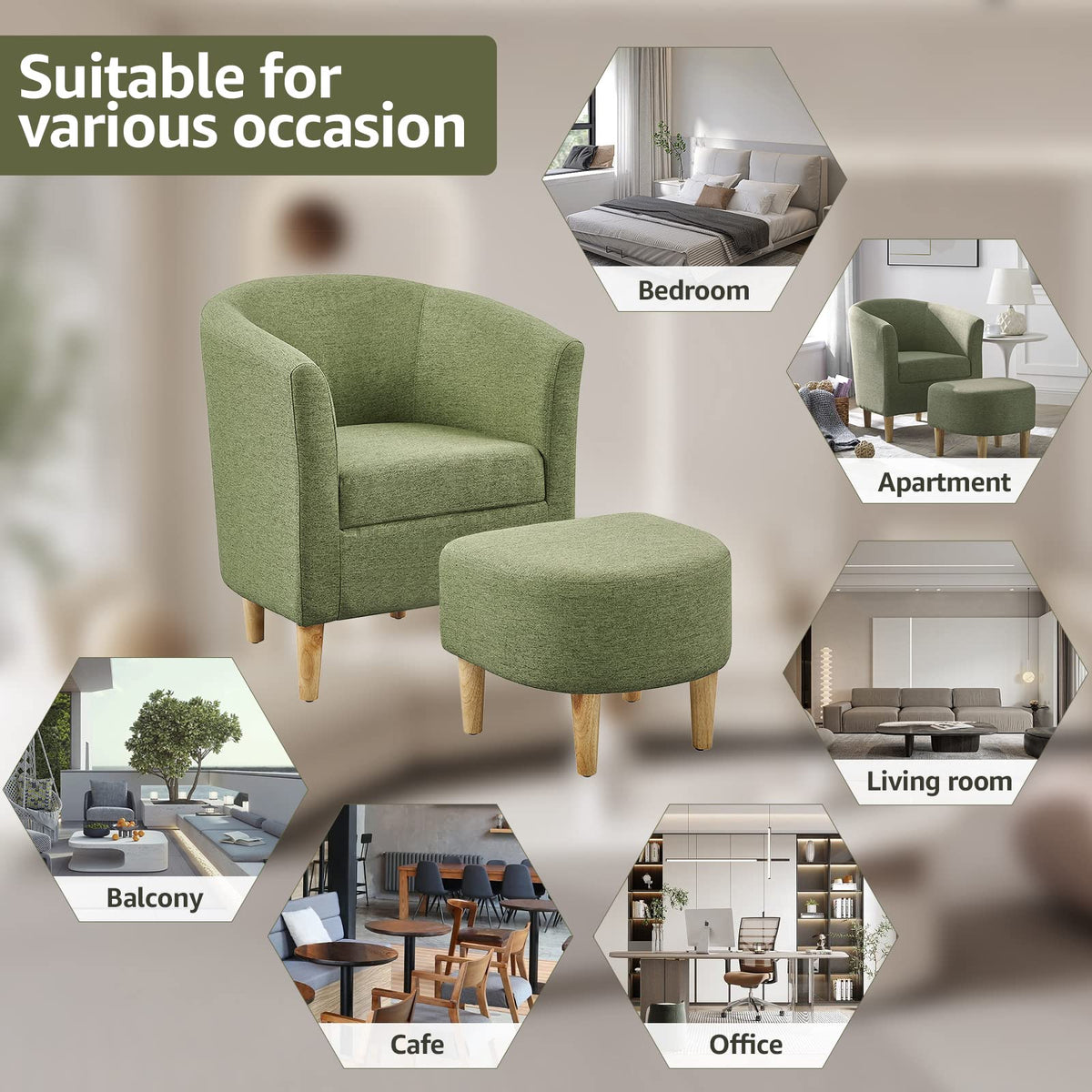 DAZONE Accent Chair with Ottoman, Modern Comfy Armchair Upholstered Barrel Club Chair and Footrest Set, Fabric Tub Arm Chairs for Living Room Bedroom Small Spaces Apartment Office, Set of 2, Gray