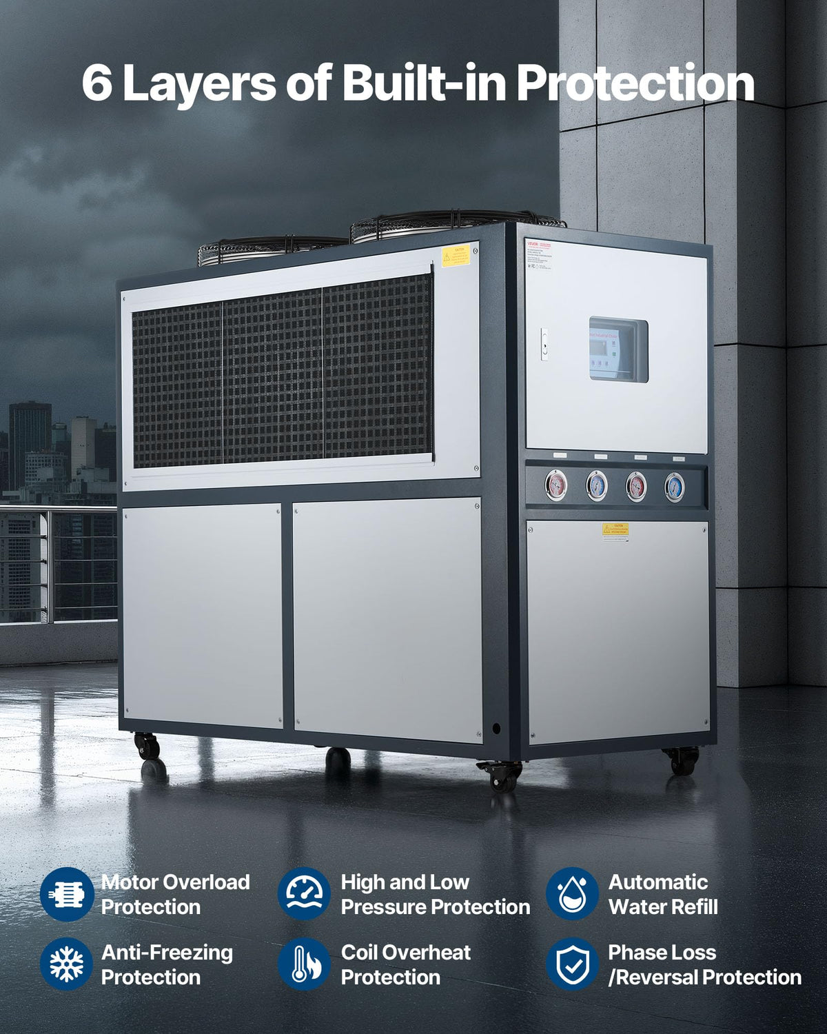 VEVOR Air Cooled Water Chiller, 5 Ton Portable, 5HP/3.75KW Compressor Motor, 53L Capacity Stainless Steel Water Tank, Finned Condenser with Micro-Computer Control, Industrial Chiller for Cooling Water