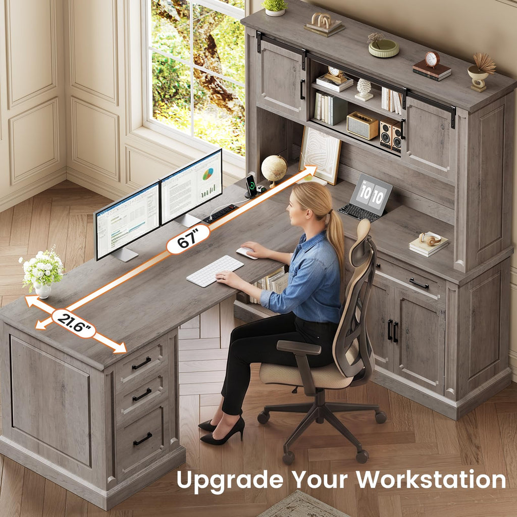 SEDETA Farmhouse 70.9" Executive Desk, Home Office Desk with File Drawers and Storage Cabinet, Computer Desk with Power Outlet for Home Office, Work Study Writing, Black+Brown