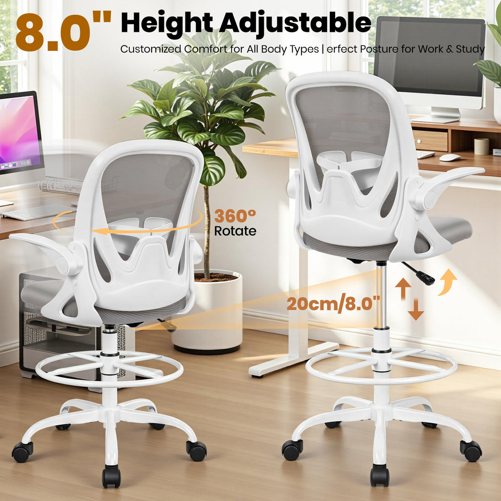 Drafting Chair Tall Office Chair with Flip-up Armrests, Adjustable Height, and Enhanced Lumbar Support - Ergonomic Rolling Stool, Back Support, and Adjustable Foot Rest Ring for Standing Desk White