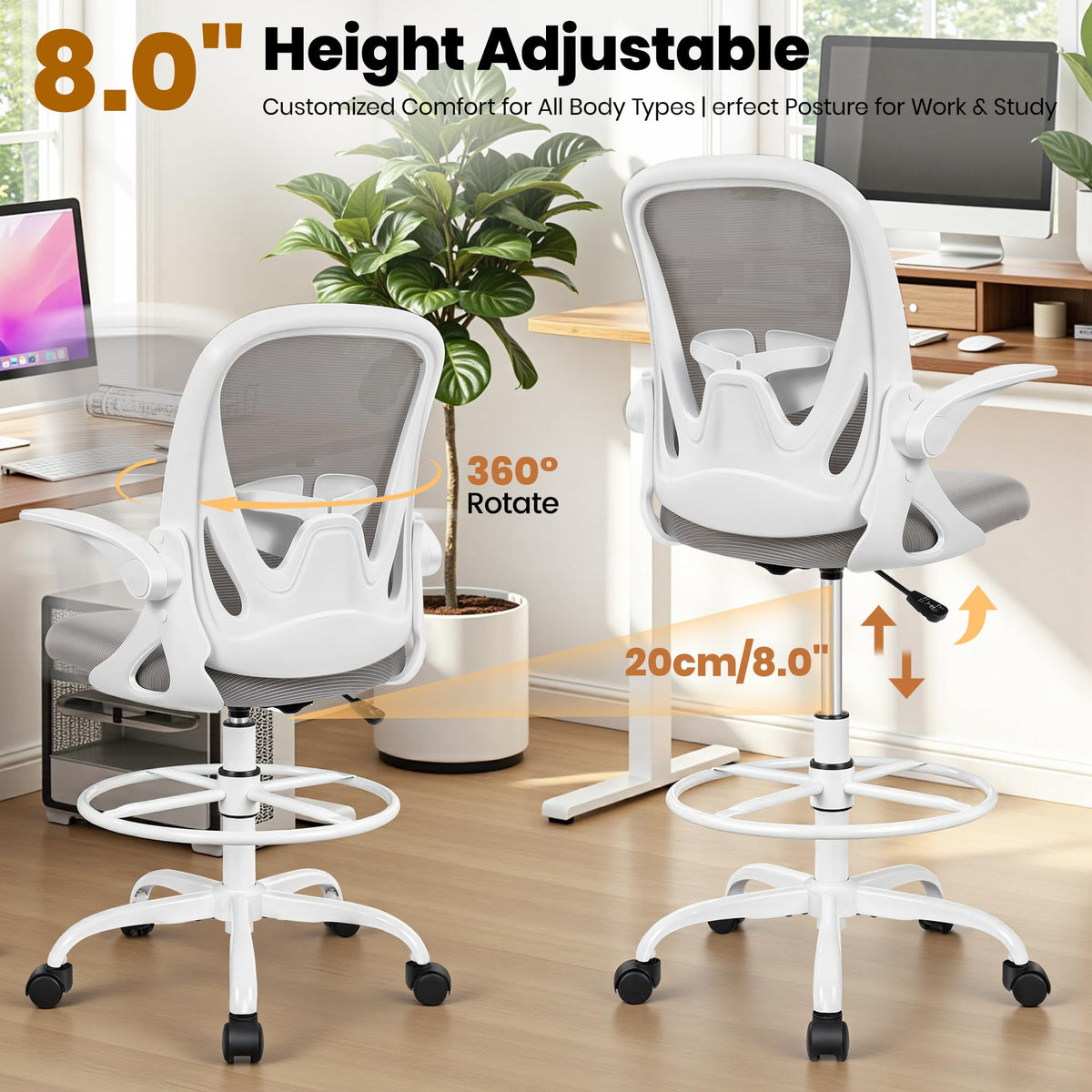 Drafting Chair Tall Office Chair with Flip-up Armrests, Adjustable Height, and Enhanced Lumbar Support - Ergonomic Rolling Stool, Back Support, and Adjustable Foot Rest Ring for Standing Desk White