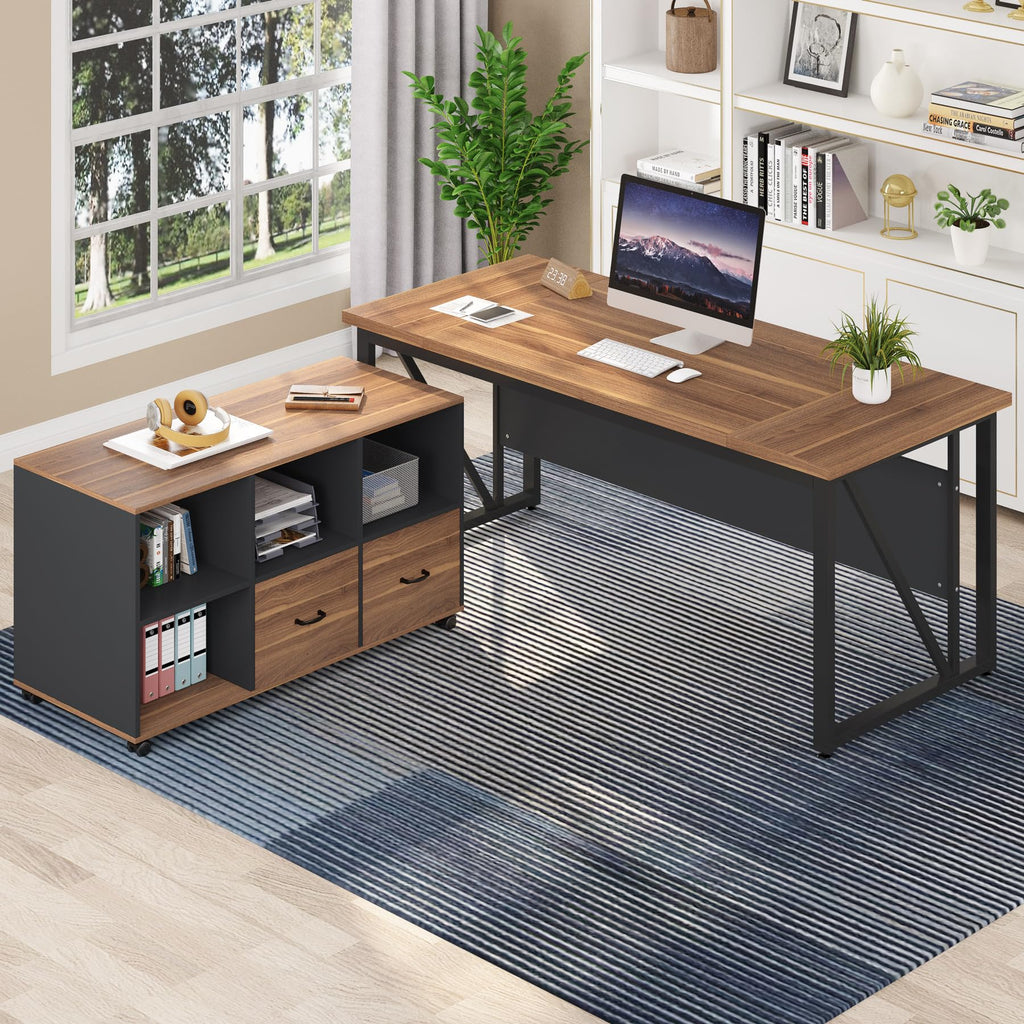 Tribesigns 55 inches Executive Desk and 43" lateral File Cabinet, L-Shaped Computer Desk Home Office Furniture with Drawers and Storage Shelves, Office Table with Cabinet
