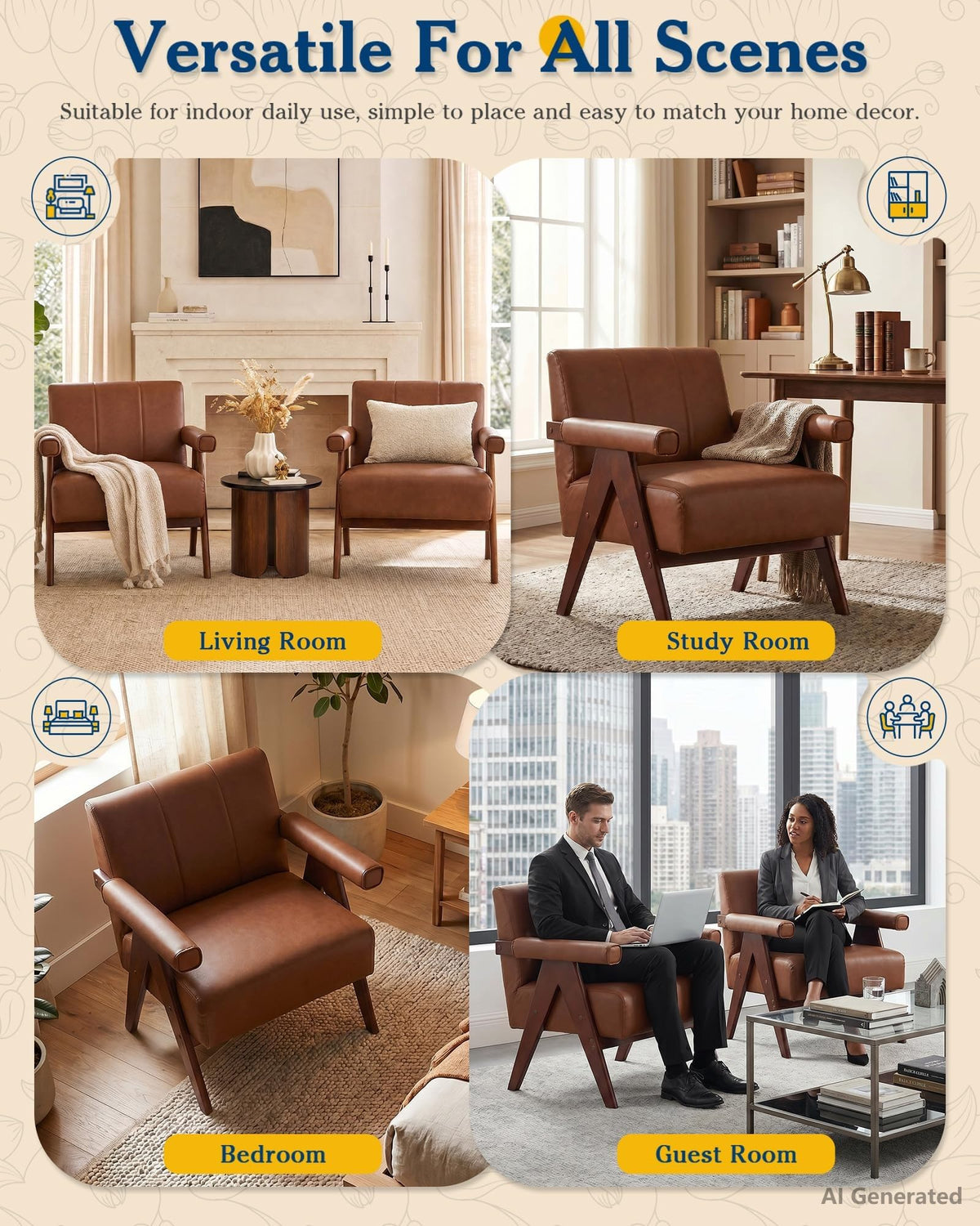 Mid Century Modern Black Faux Leather Accent Chair Set 2 Solid Wood Frame
