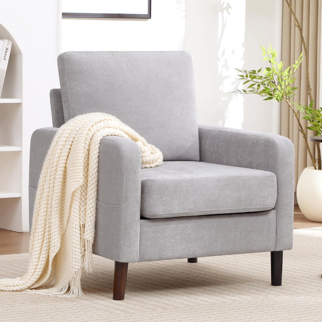 Accent Chair Set of 2, Upholstered Living Room Chairs with Wood Legs and Side Pockets, Modern Reading Chair for Bedroom, Armchair Single Sofa Side Chair for Office, Small Room, Dark Grey