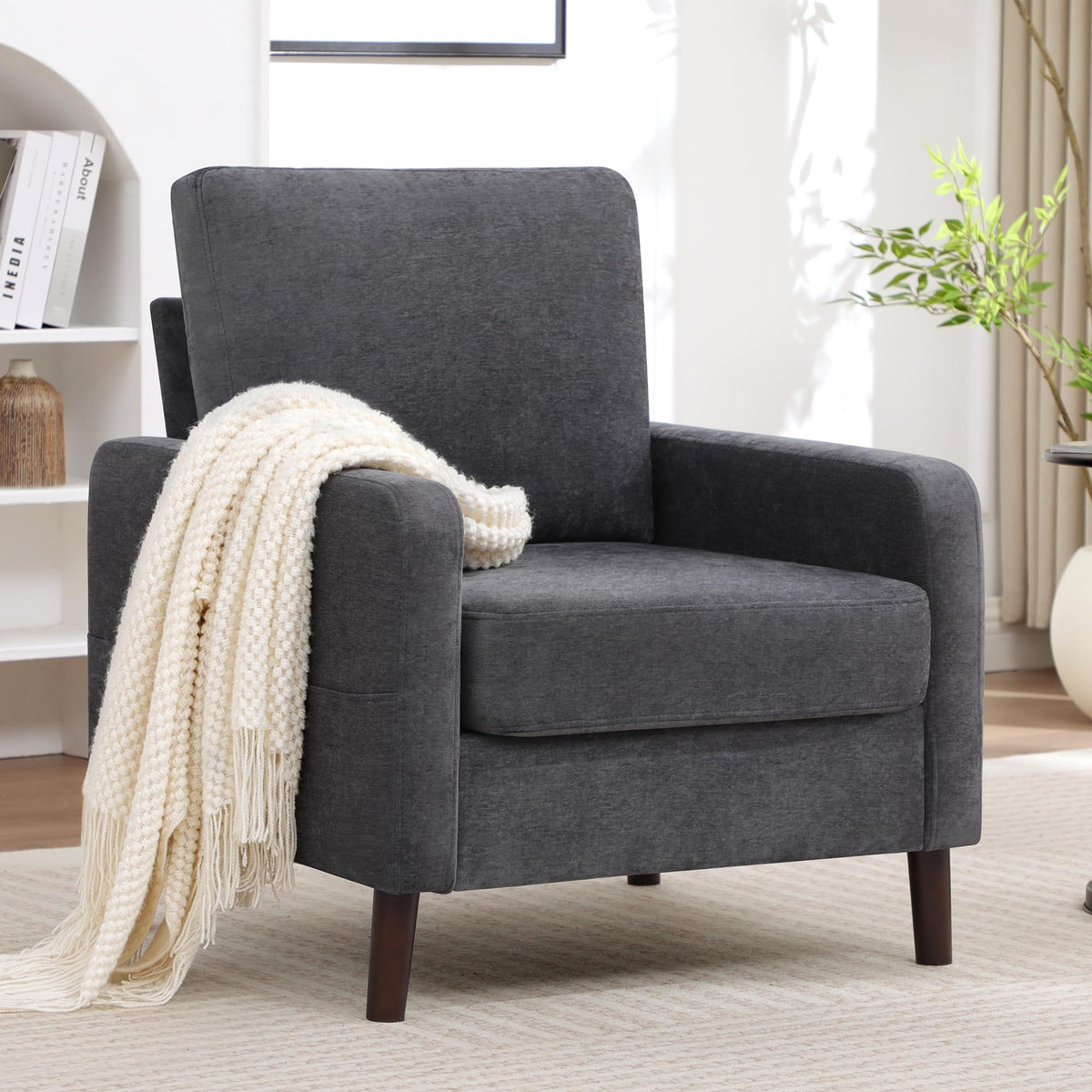 Accent Chair Set of 2, Upholstered Living Room Chairs with Wood Legs and Side Pockets, Modern Reading Chair for Bedroom, Armchair Single Sofa Side Chair for Office, Small Room, Dark Grey