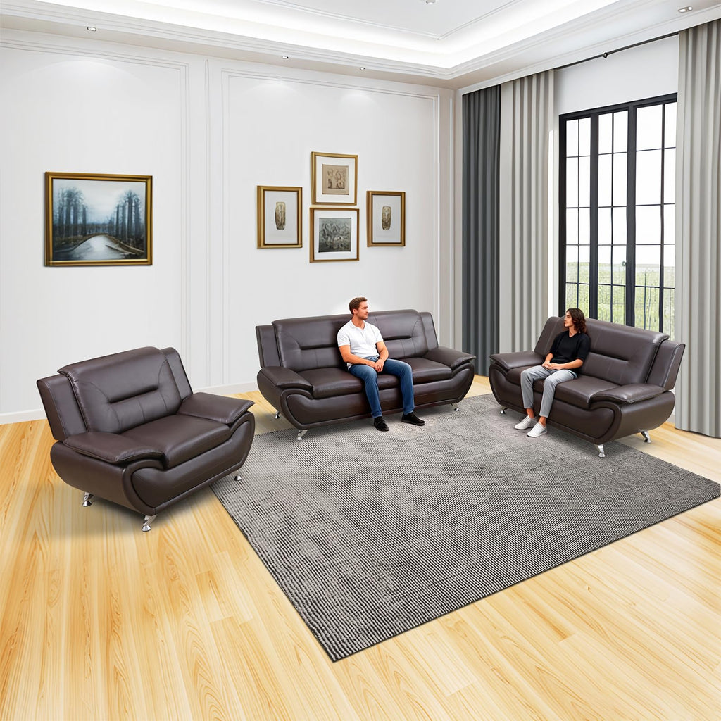 Modern Leather Sofa Set, Living Room Furniture, 3 - Piece Couch Set, Faux Leather Couch Loveseat Chair Set with Sturdy Legs for Living Room/Bedroom/Office,Black