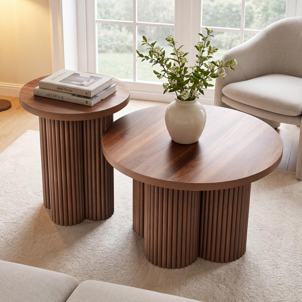 Round Nesting Coffee Table Set of 3 Fluted Coffee Table (Natural)