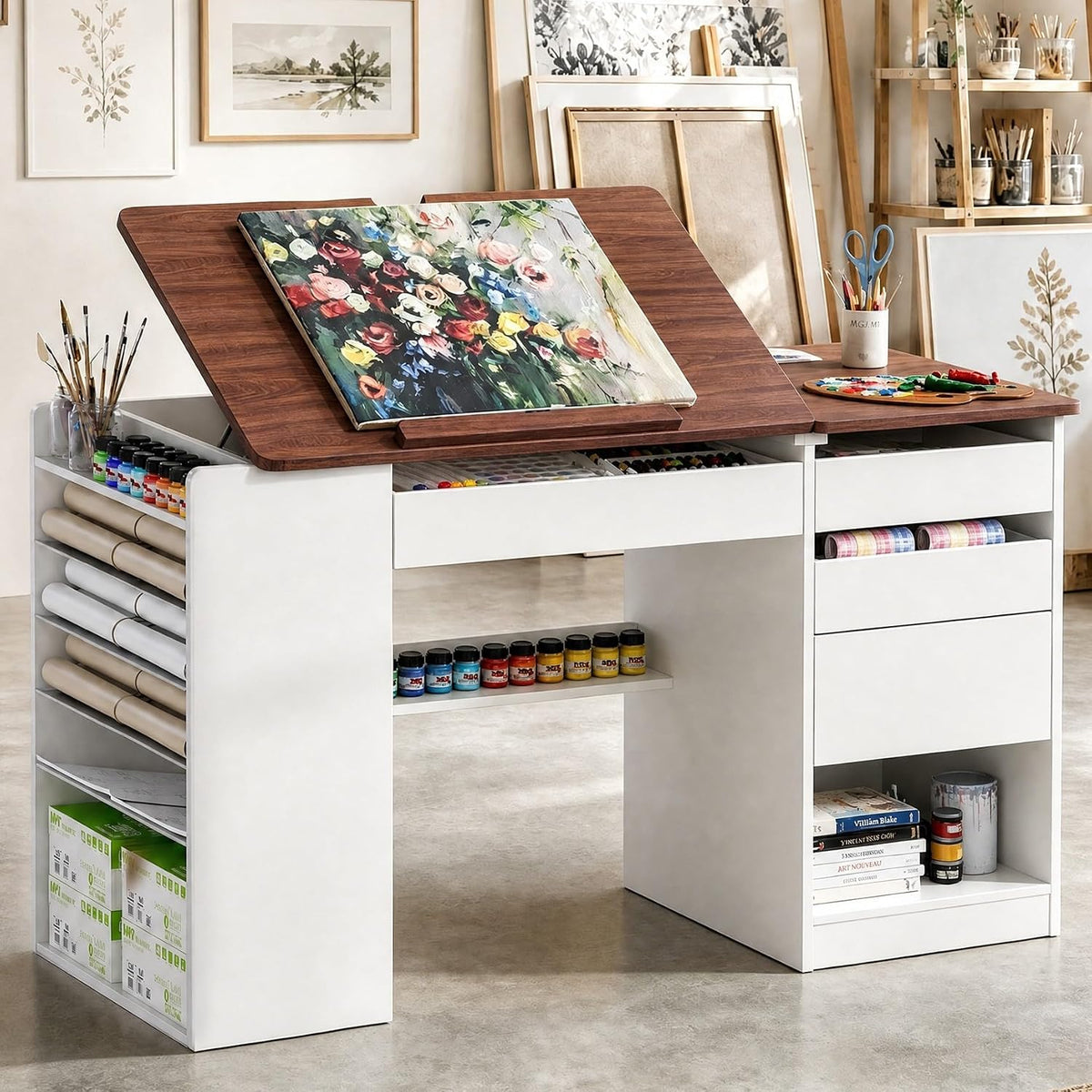 Adjustable Drafting Table with Storage & Removable Shelves