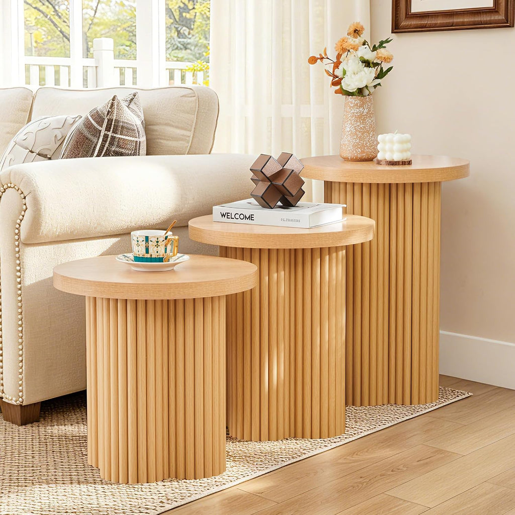 Round Nesting Coffee Table Set of 3 Fluted Coffee Table (Natural)