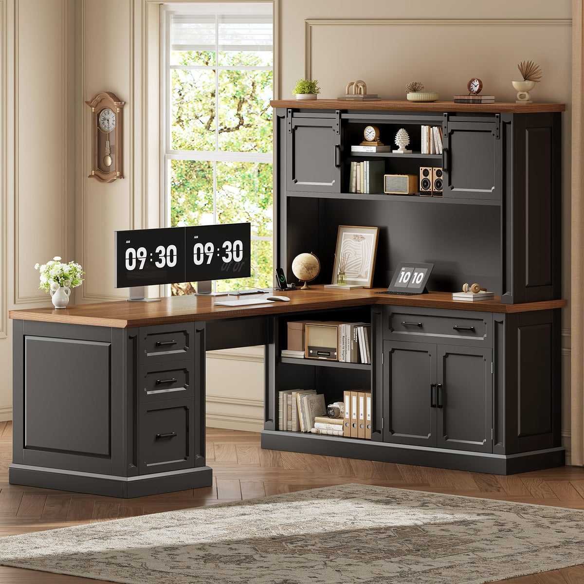 SEDETA Farmhouse 70.9" Executive Desk, Home Office Desk with File Drawers and Storage Cabinet, Computer Desk with Power Outlet for Home Office, Work Study Writing, Black+Brown