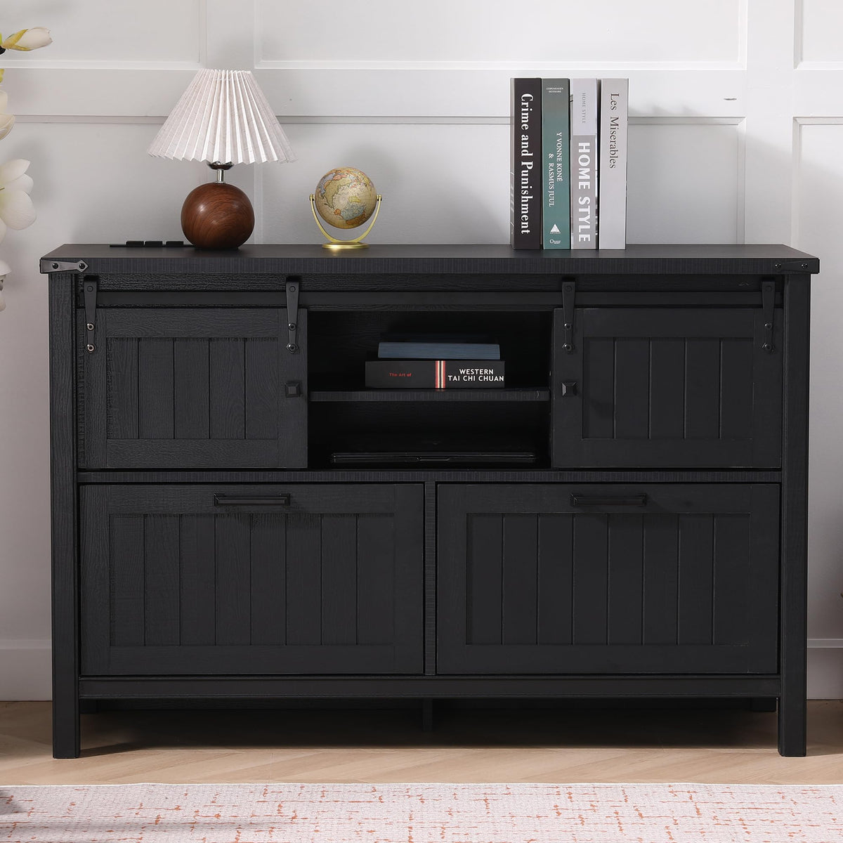 Farmhouse 3-Piece Home Office Set â 46" Wide 2-Drawer Lateral File Cabinet with Power Outlets & USB, Two 71" Tall 5-Tier Bookcases with Adjustable Shelves & Anti-Tip Kit, Black
