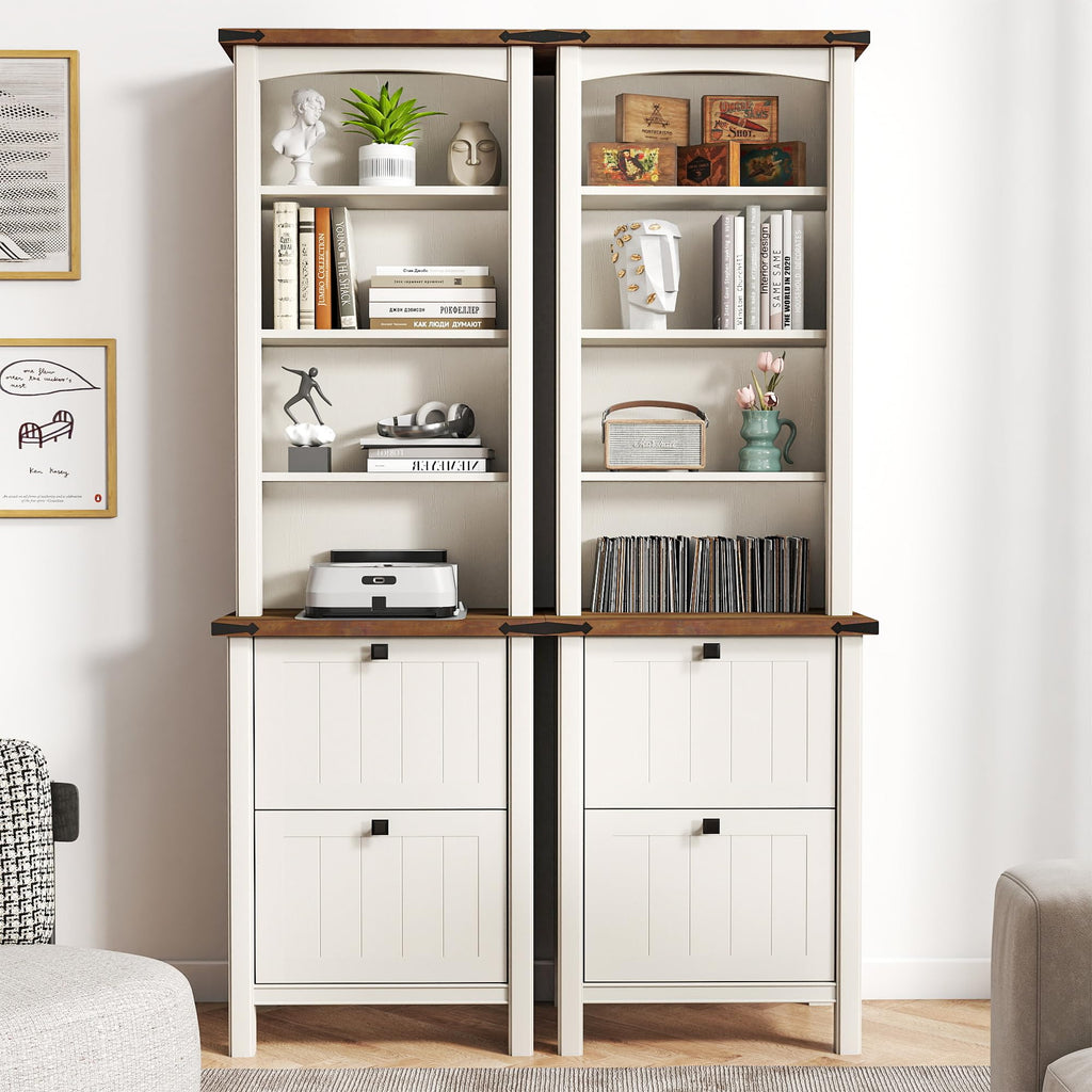 Farmhouse 3-Piece Home Office Set â 46" Wide 2-Drawer Lateral File Cabinet with Power Outlets & USB, Two 71" Tall 5-Tier Bookcases with Adjustable Shelves & Anti-Tip Kit, Black