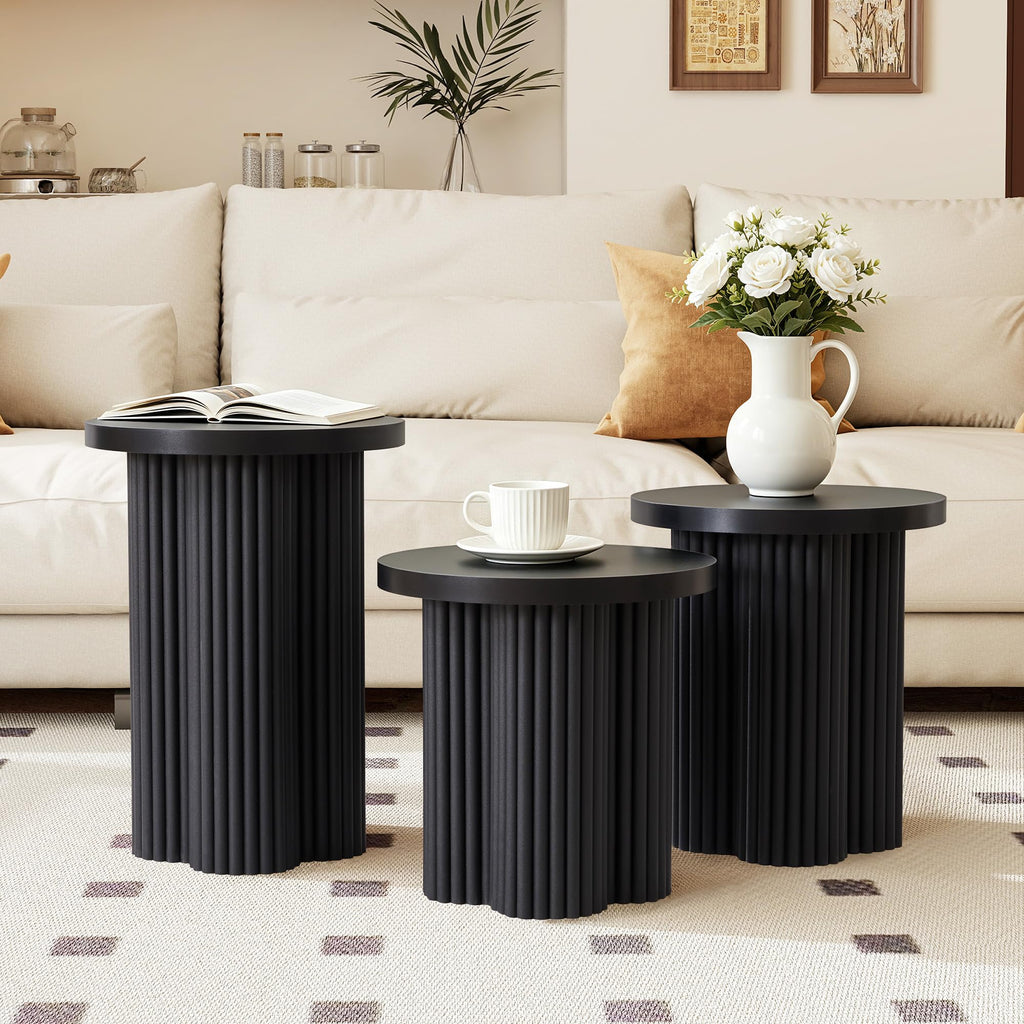 Round Nesting Coffee Table Set of 3 Fluted Coffee Table (Natural)