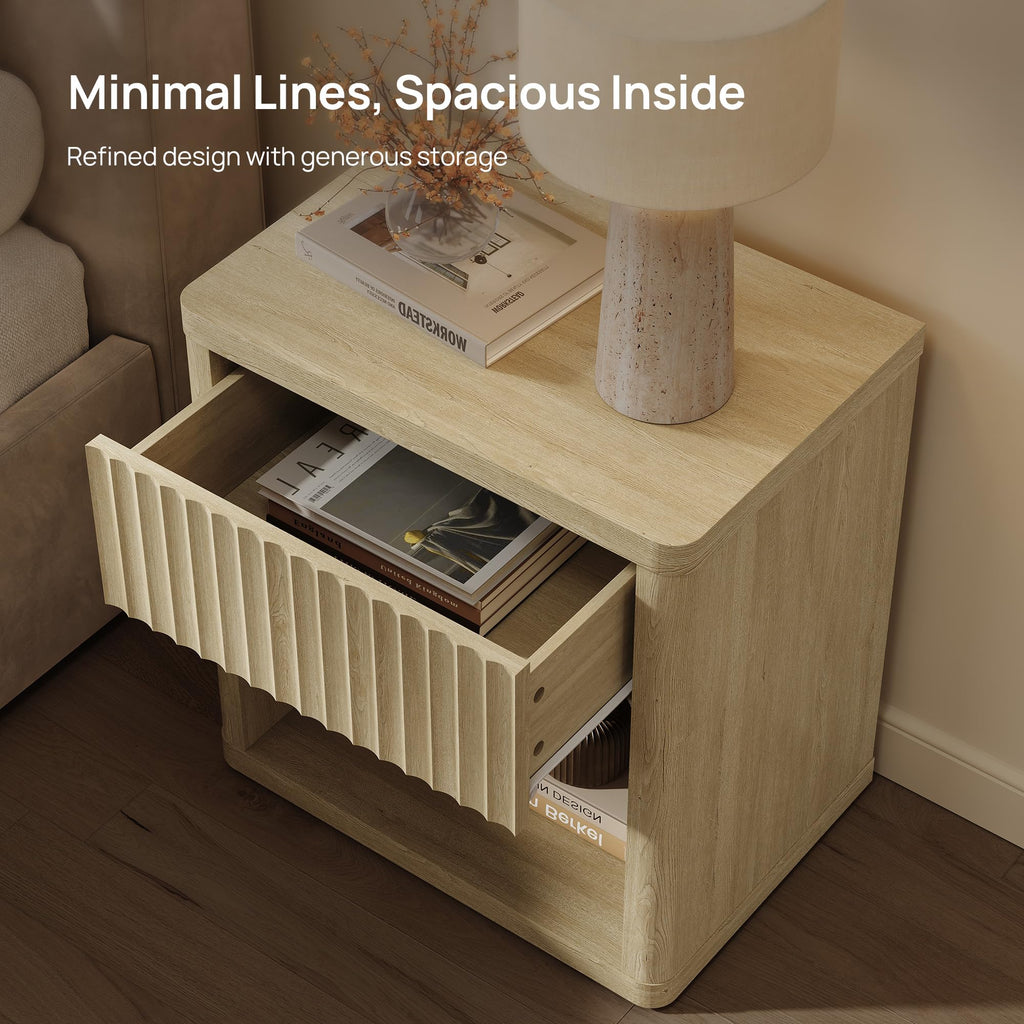 SICOTAS Night Stand Set of 2 Nightstands with Drawer Storage Fluted Bed Side Table End Table Large Modern Wide Bedside Stand Mid Century Night Stands for Bedroom Living Room Sofa Office, White Alder