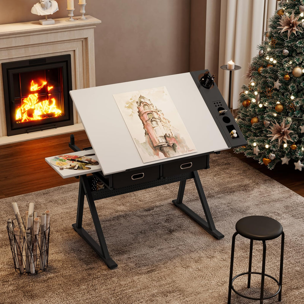 Height Adjustable Art Table Drafting Table with Stool, Rustic