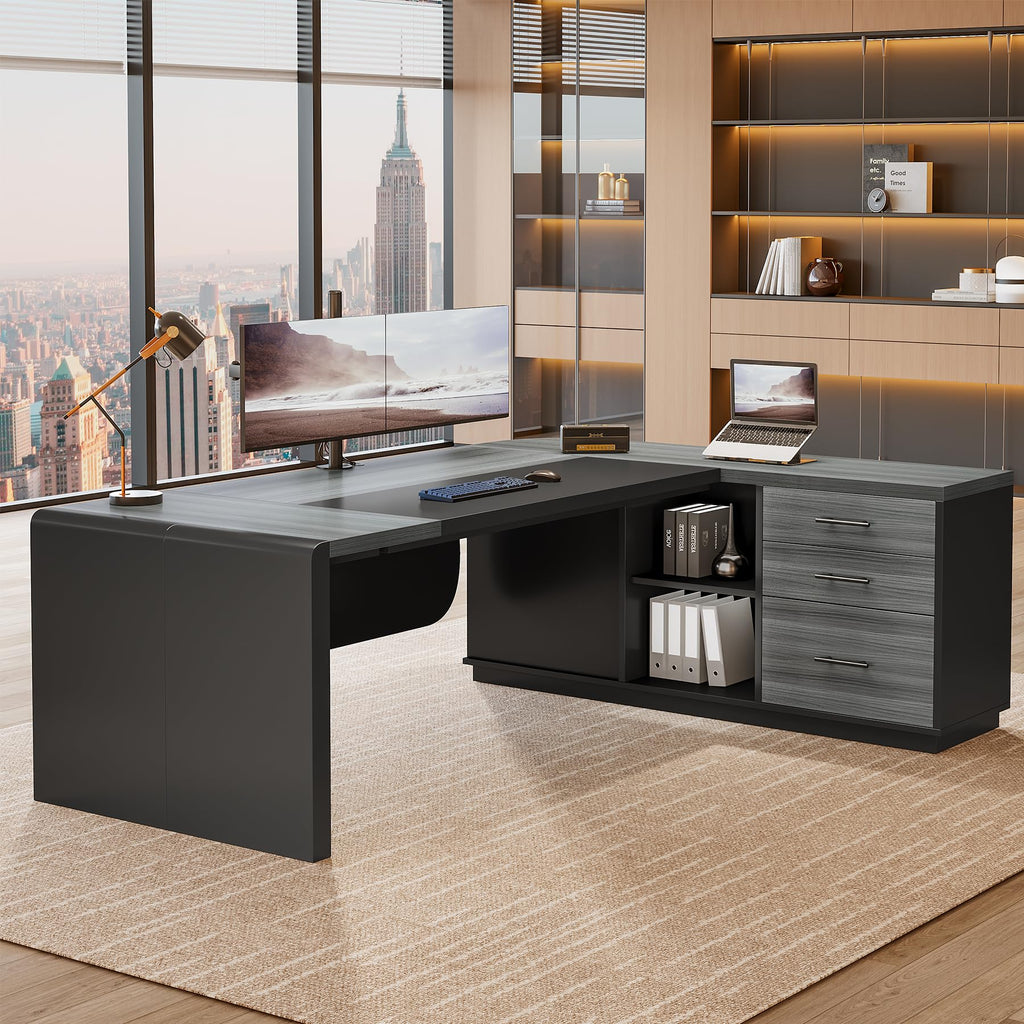 Tribesigns 81-Inch L-Shaped Office Desk, Large Commercial Office Desk with Drawers and File Cabinet, Modern Professional Business Furniture Workstations with Storage Shelves, Brown & Black