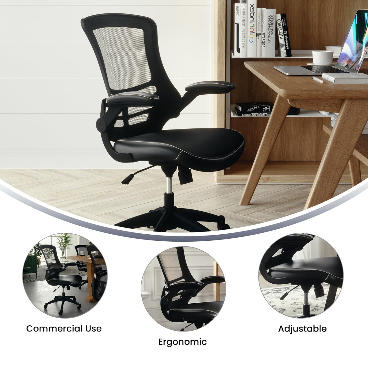 Flash Furniture Set of 4 Mid-Back Swivel Ergonomic Task Office Chairs with Flip-Up Arms, Black Mesh