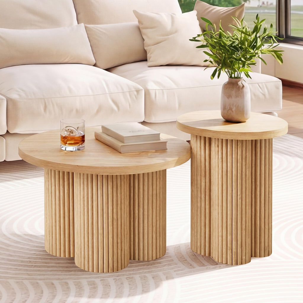 Round Nesting Coffee Table Set of 3 Fluted Coffee Table (Natural)