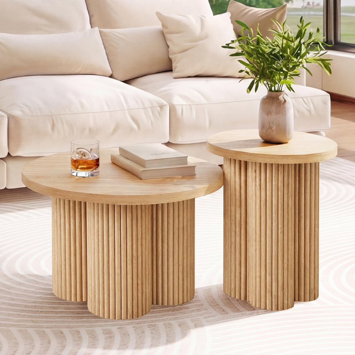 Round Nesting Coffee Table Set of 3 Fluted Coffee Table (Natural)