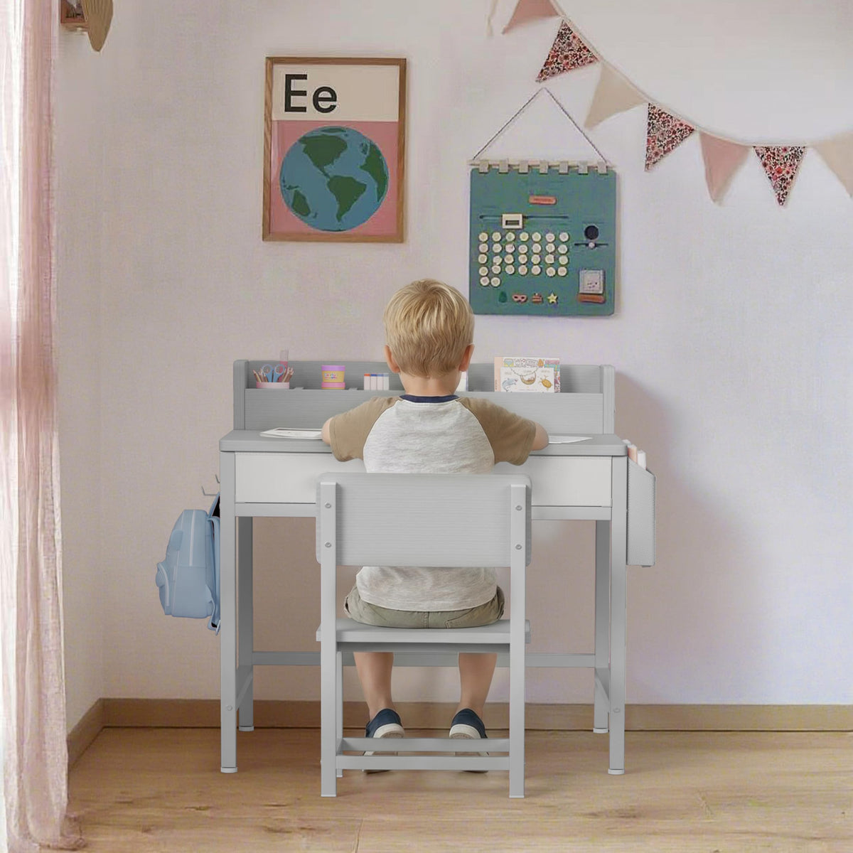 BOLUO White Kids Desk and Chair Set for 5-8 Year Old, Small Child Desk with Fabric Drawer, Children Study Table with Storage Toddler Girls Boys