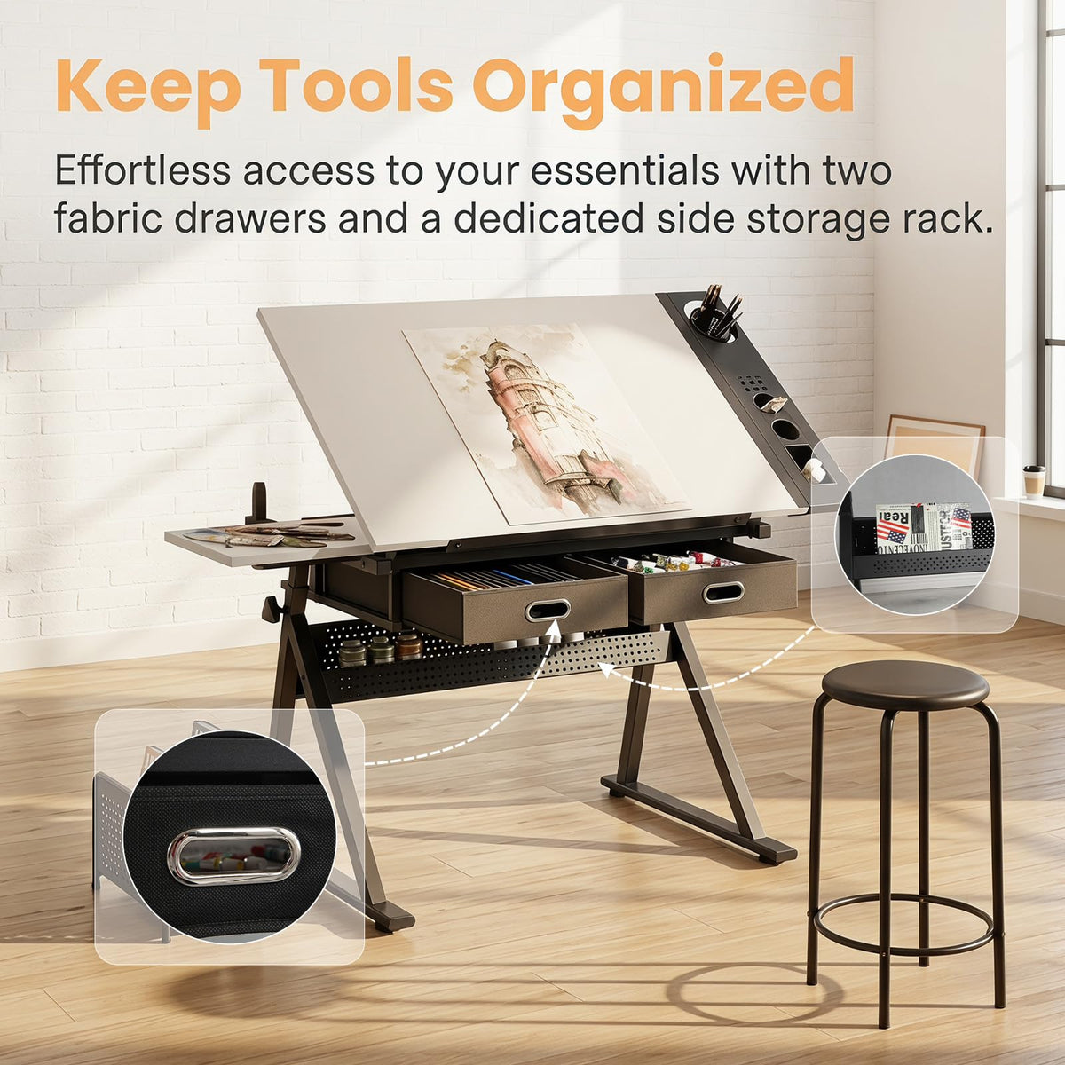 Height Adjustable Drafting Table Drawing Table Artist Desk Tilting Tabletop Art Craft Desk with 2 Storage Drawers and Stool, Art Craft Desk for Artist Painters Drawing Painting (All White)