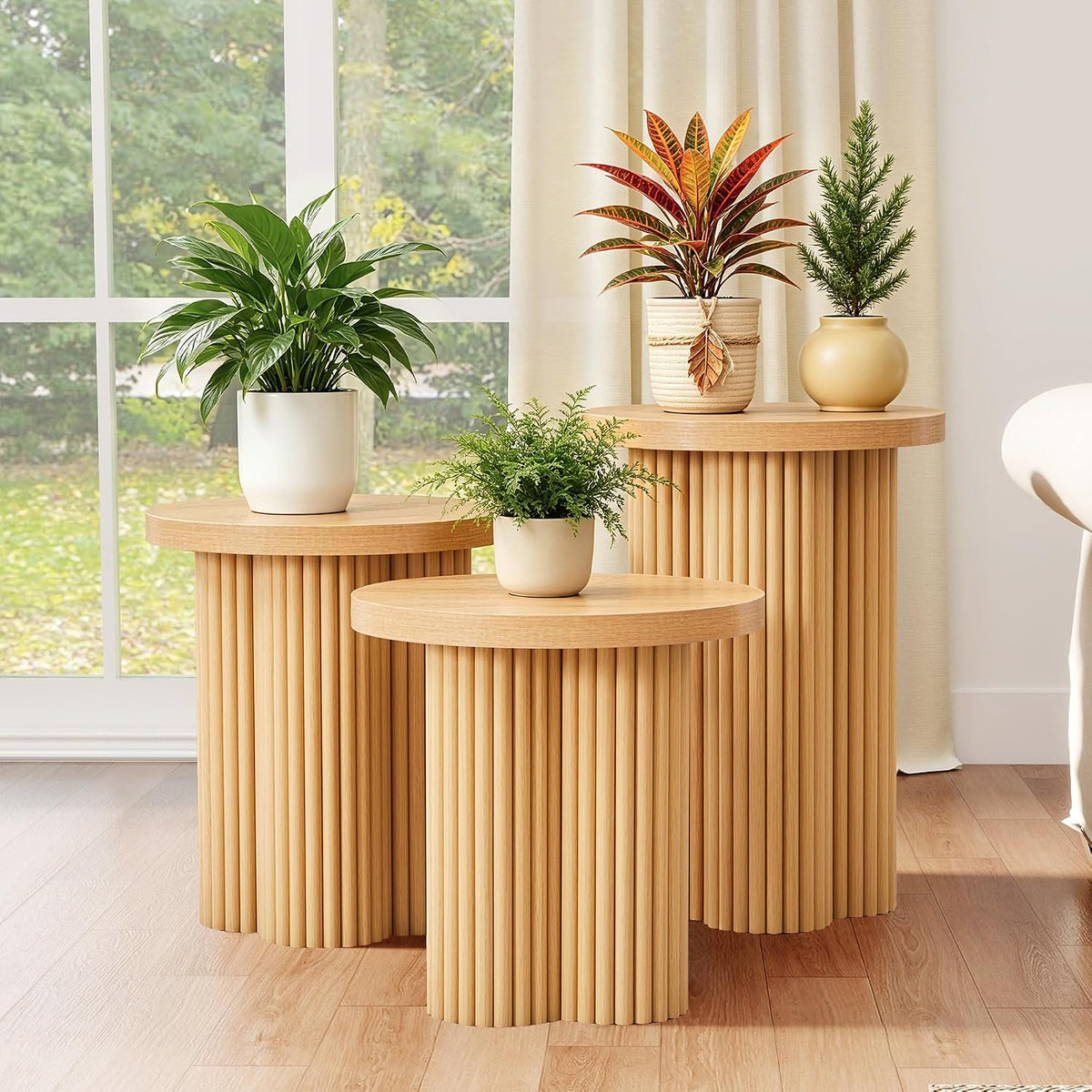 Round Nesting Coffee Table Set of 3 Fluted Coffee Table (Natural)