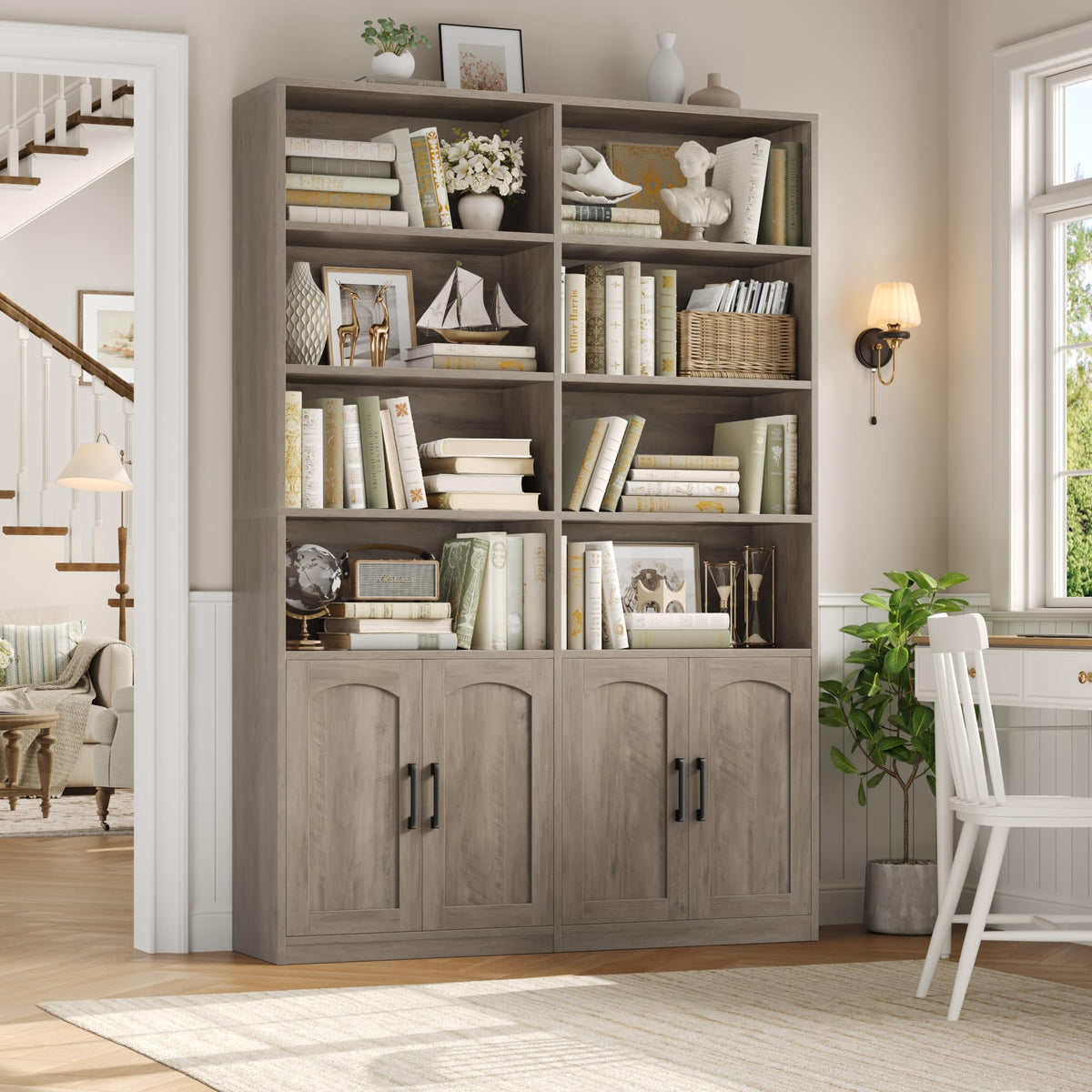 FACBOTALL Bookshelf and Bookcase with Doors, Double Wide Large Bookshelves