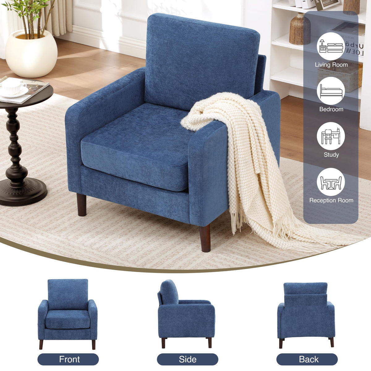 Accent Chair Set of 2, Upholstered Living Room Chairs with Wood Legs and Side Pockets, Modern Reading Chair for Bedroom, Armchair Single Sofa Side Chair for Office, Small Room, Dark Grey