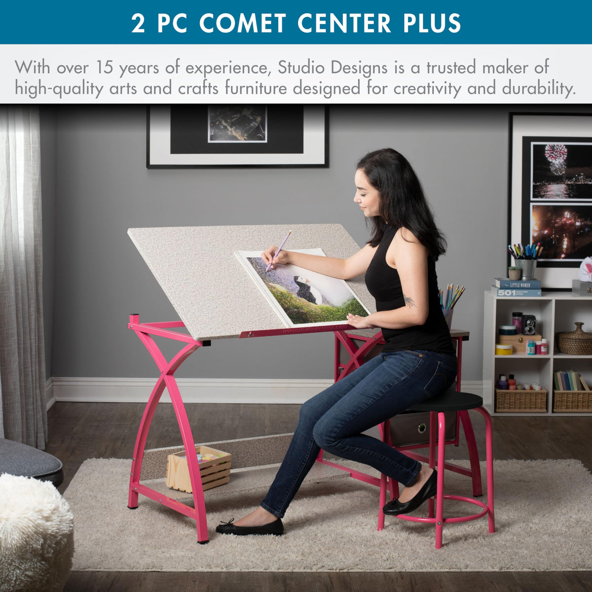 SD Studio Designs 2 Piece Comet Center Plus, Craft Table and Matching Stool Set with Storage and Adjustable Top, Silver/Black