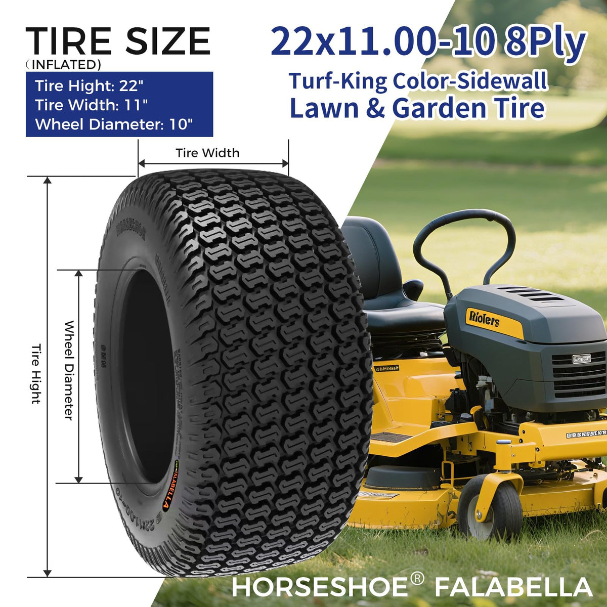 HORSESHOE FALABELLA (2-Pcs) 24X9.50-12 6-PLY LRC Lawn Mower 24x9.5x12 Riding Machine Golf Carts 24x9.5-12 Turf Equipment & Tractors Tires, Heavy Duty Turf-King, Color Sidewall