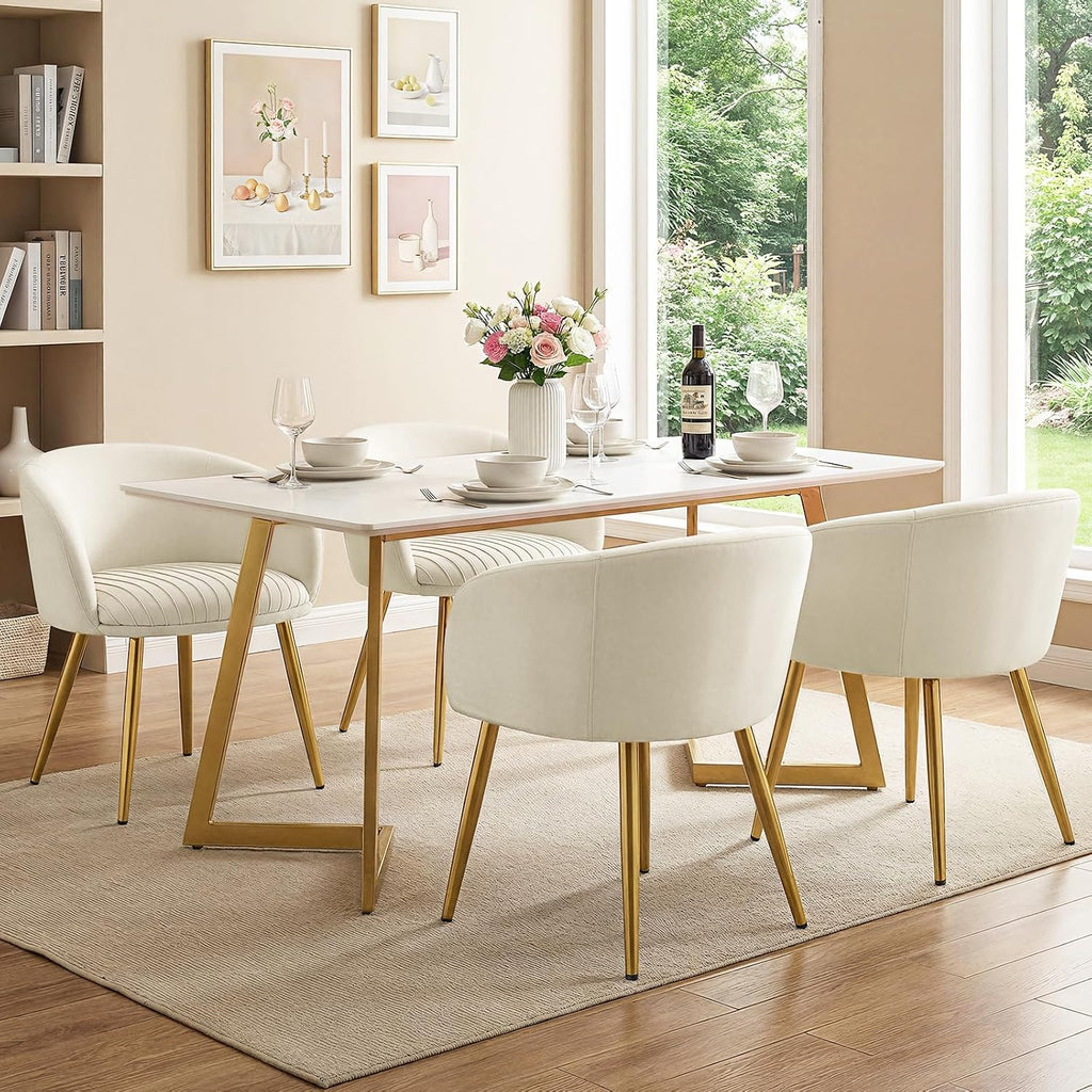 Accent Velvet Makeup Vanity Chairs Set of 2 Boucle Modern Tufted Girls Desk Chair No Wheels with Gold Metal Legs, 20" Extra Wide Armchair for Bedroom Bathroom Dining Room Living Room, Cream Beige