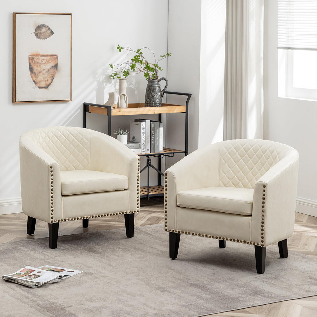 KINWELL 29" W Faux Leather Tufted PU Barrel Club Chairs Set of 2, Black