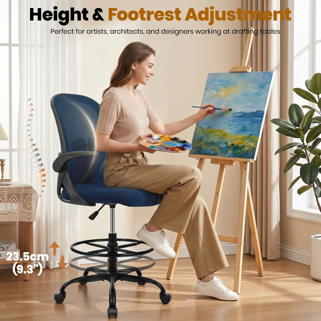Drafting Chair Tall Office Chair with Flip-up Armrests, Adjustable Height, and Enhanced Lumbar Support - Ergonomic Rolling Stool, Back Support, and Adjustable Foot Rest Ring for Standing Desk White