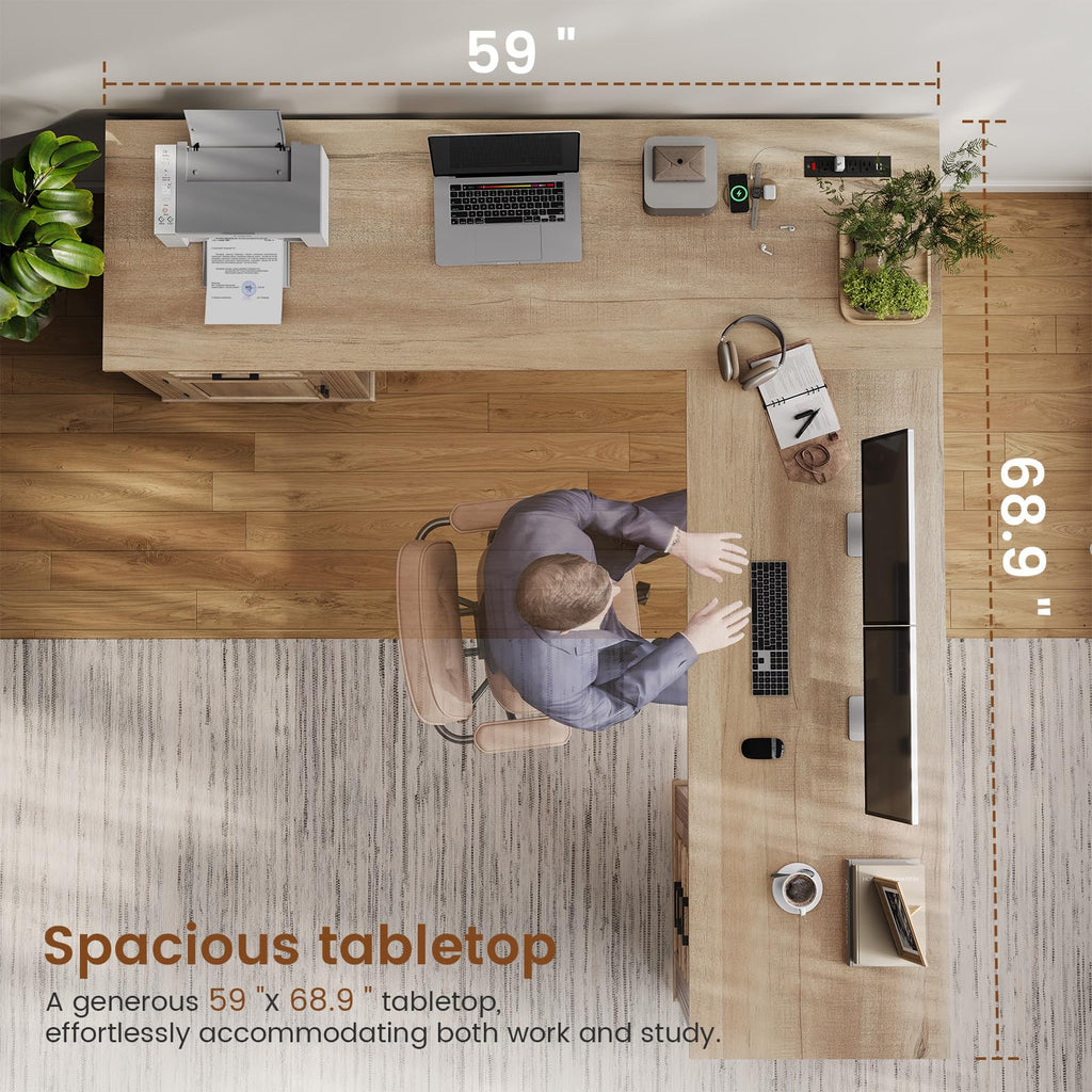 Itaar Farmhouse L Shaped Desk, Executive Computer Desk with Drawers and Storage Cabinet, Home Office Desk with File Drawer and Power Outlet, Corner Desk, Workstation for Office Home, Grey