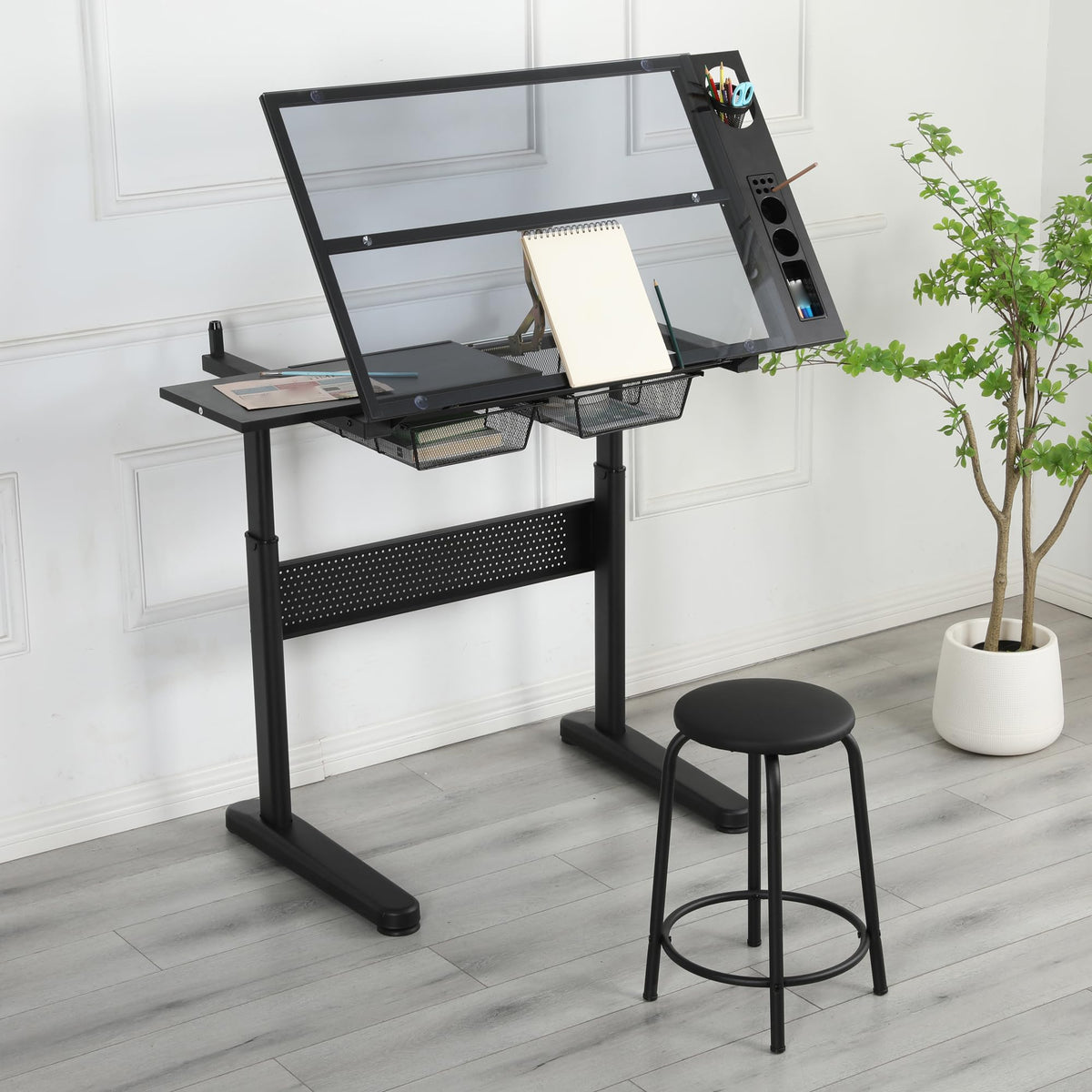 Adjustable Drafting Table with Stool, 0-75Â° Tilting Art Desk, White
