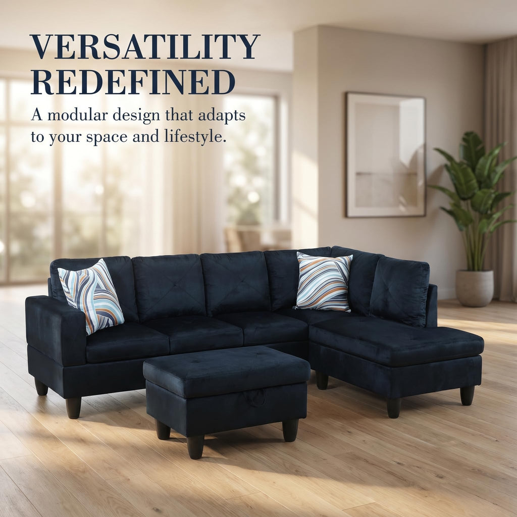 97.5" L-Shaped Modular Sectional Sofa with Movable Chaise & Storage Ottoman, 3 Piece Convertible Leather Couch, 4 Seat Gloss Black Living Room Furniture Set for Apartment Home Office