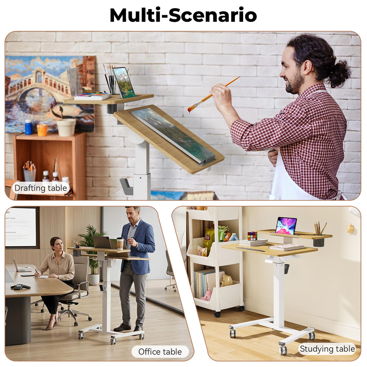 28" Mobile Standing Desk, Tiltable Top with 2-Tier Shelves, White