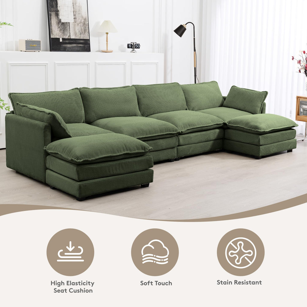 ROWHY 41'' Single Armchair with Ottoman, Modern Corduroy Cloud Couch with Convertible Chaise, Upholstered Sofa Set for Living Room, Green