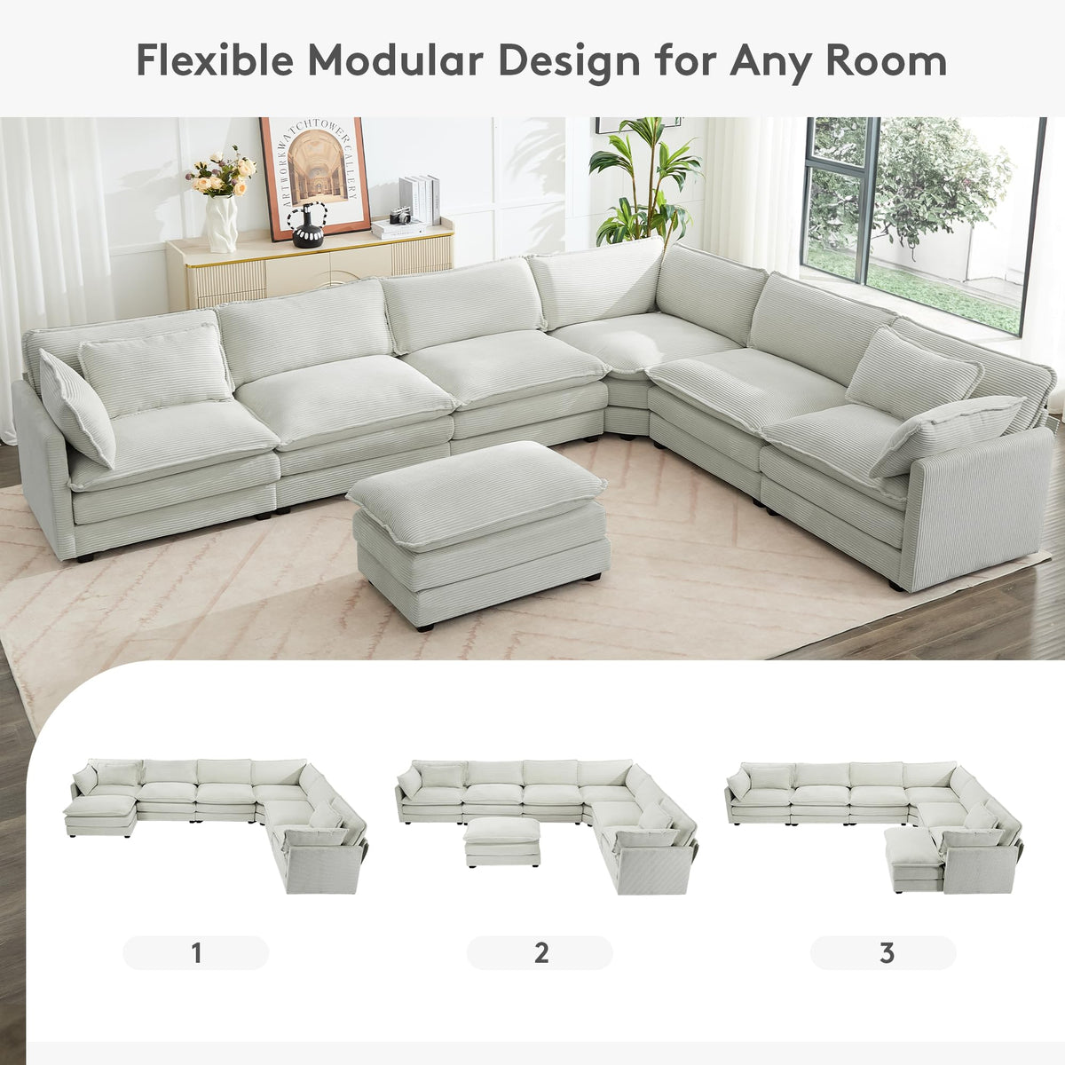 ROWHY 41'' Single Armchair with Ottoman, Modern Corduroy Cloud Couch with Convertible Chaise, Upholstered Sofa Set for Living Room, Green