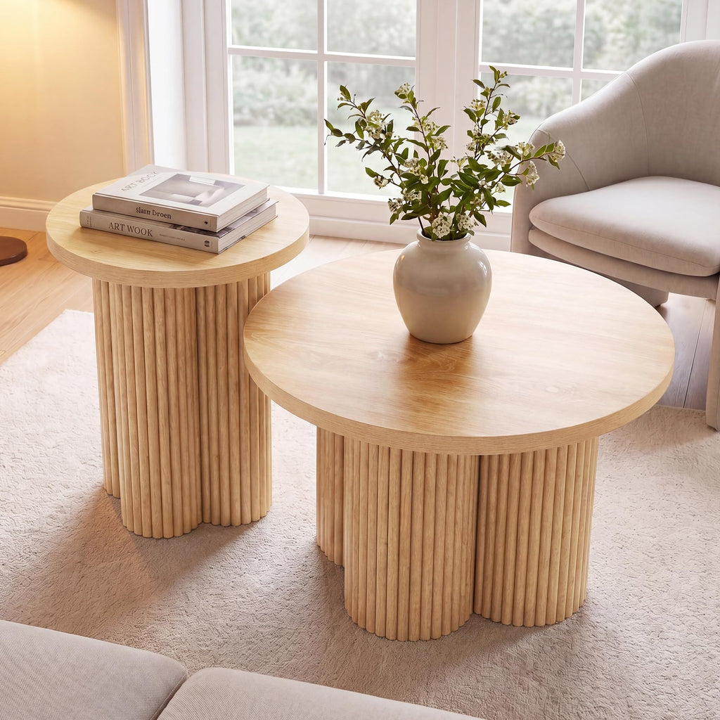 Round Nesting Coffee Table Set of 3 Fluted Coffee Table (Natural)