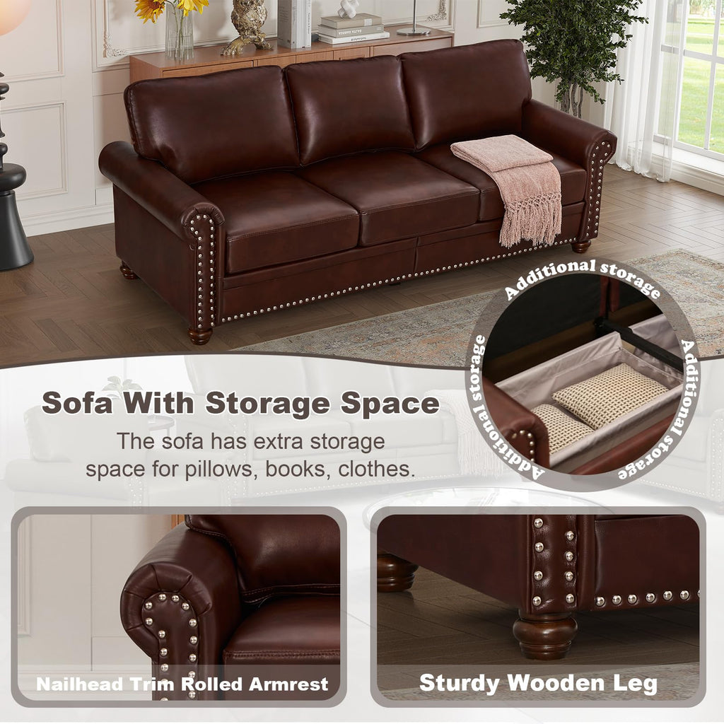 2 Piece Faux Leather Sofa Set,Modern Couch and Loveseat Sets with Storage,Mid Century Couch with Rivet Rolled Arm,Comfy Deep Seat Sofa,Furniture for Living Room,Office(Loveseat+3 Seater,Navy)