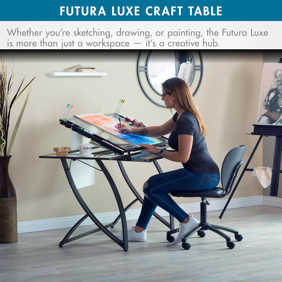 SD STUDIO DESIGNS Futura Luxe Drawing, Drafting, Craft Table with Drawer, 35" Wide Angle Adjustable Top and Side Shelf, Pewter Grey/Clear Glass