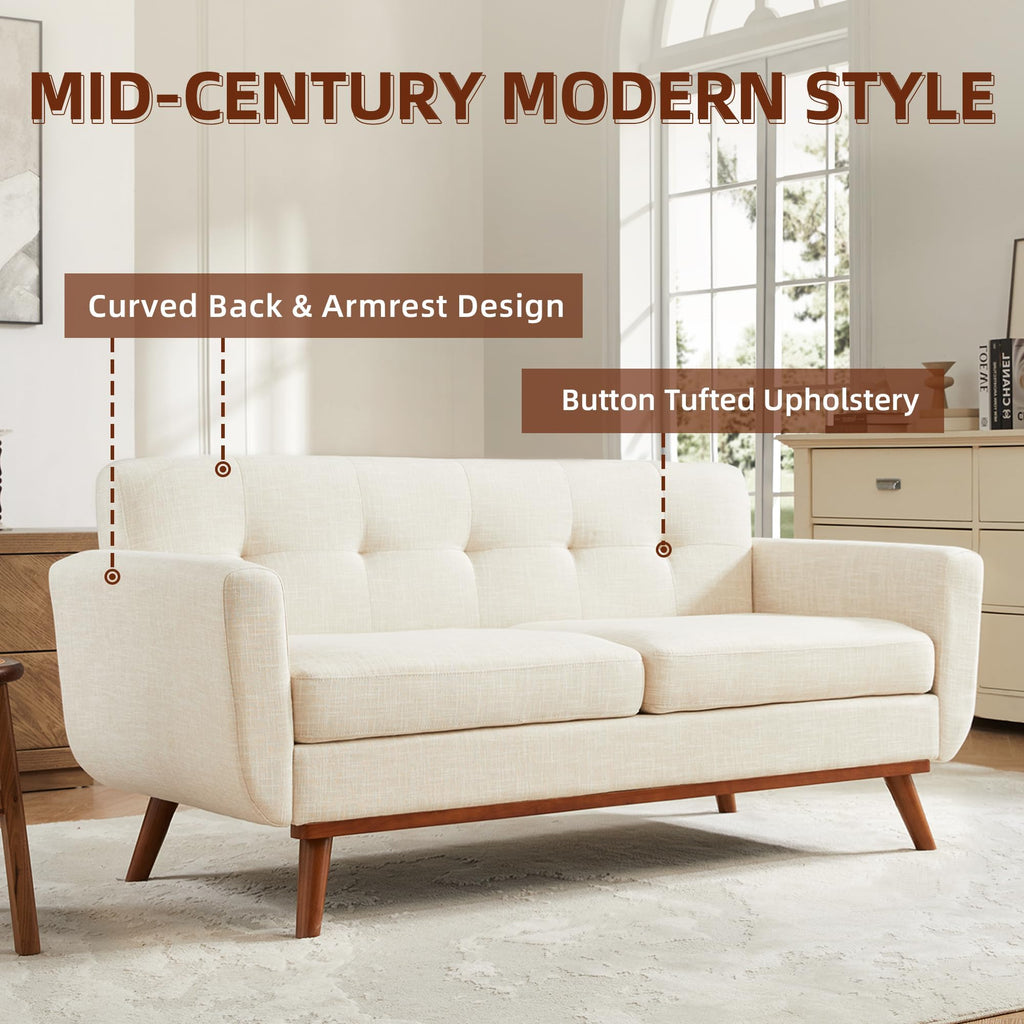 Kingfun 2 Piece Loveseat and Sofa Sets, Mid Century Modern Love Seat Couches for Living Room, Button Tufted Upholstered Furniture, Small Couch for Bedroom, Office, Beige