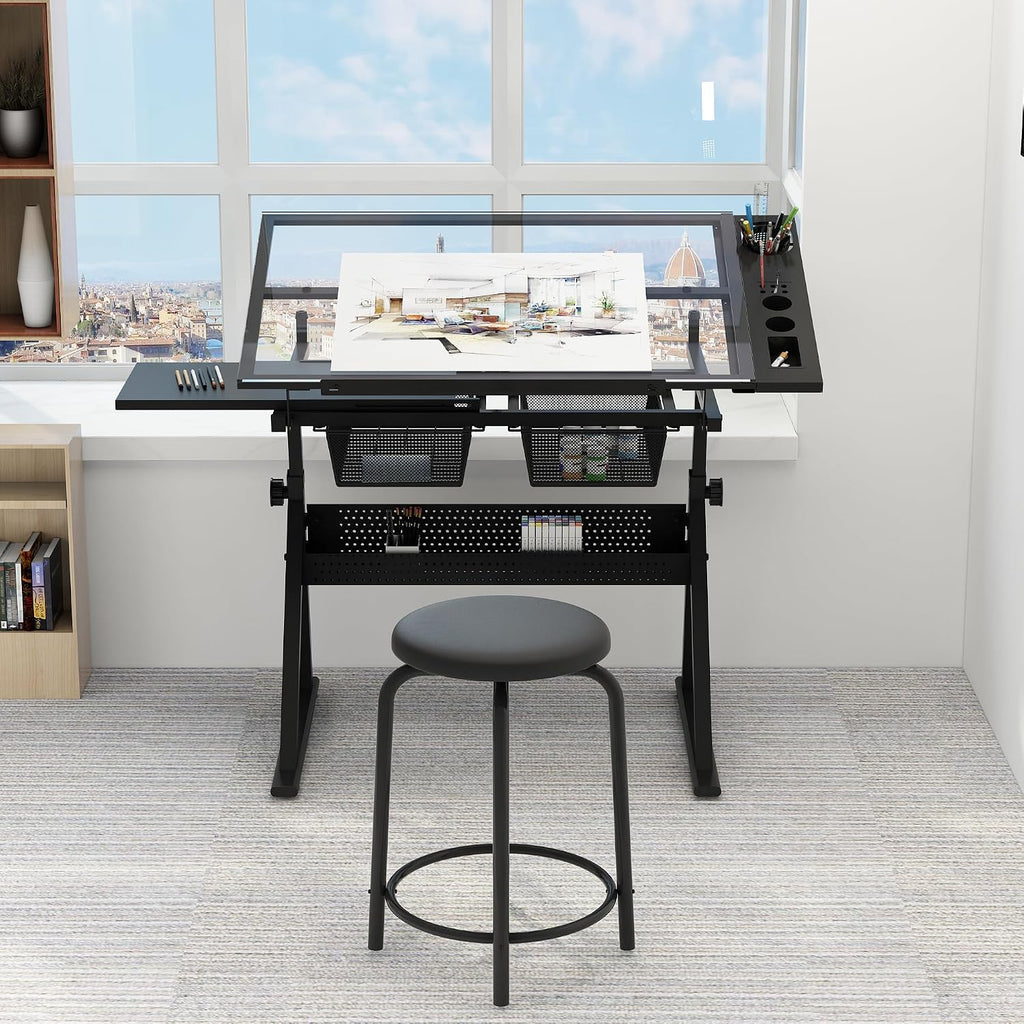 Drafting Table w/Stool, Height Adjustable Multifunctional Drawing Table