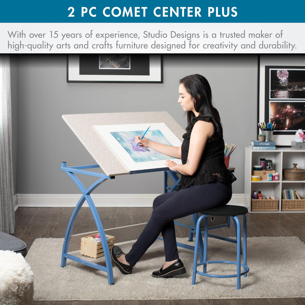 SD Studio Designs 2 Piece Comet Center Plus, Craft Table and Matching Stool Set with Storage and Adjustable Top, Silver/Black