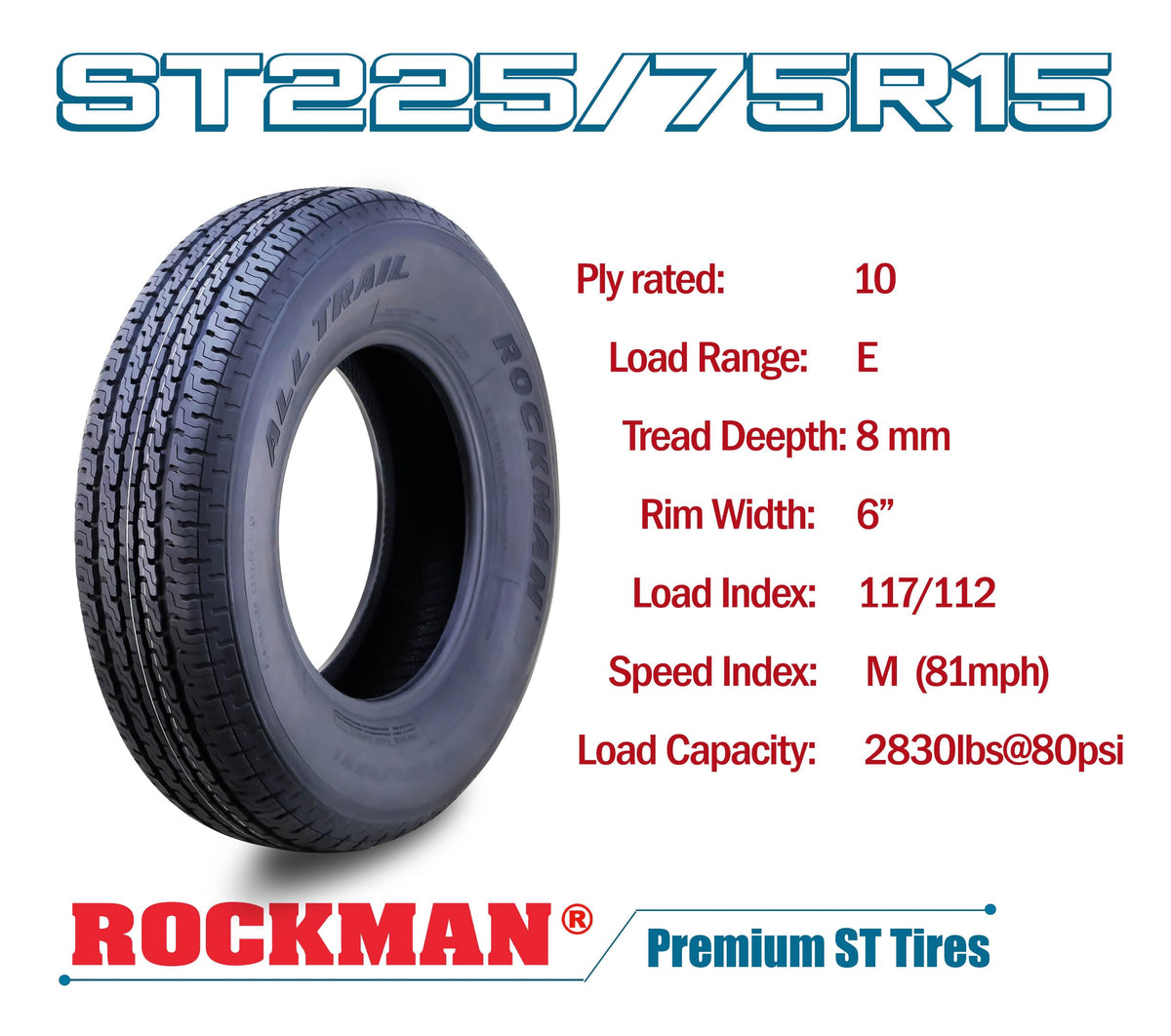 ROCKMAN Trailer Tire ST205/75R15 8-Ply Load Range D 107M Radial 11166, Set4