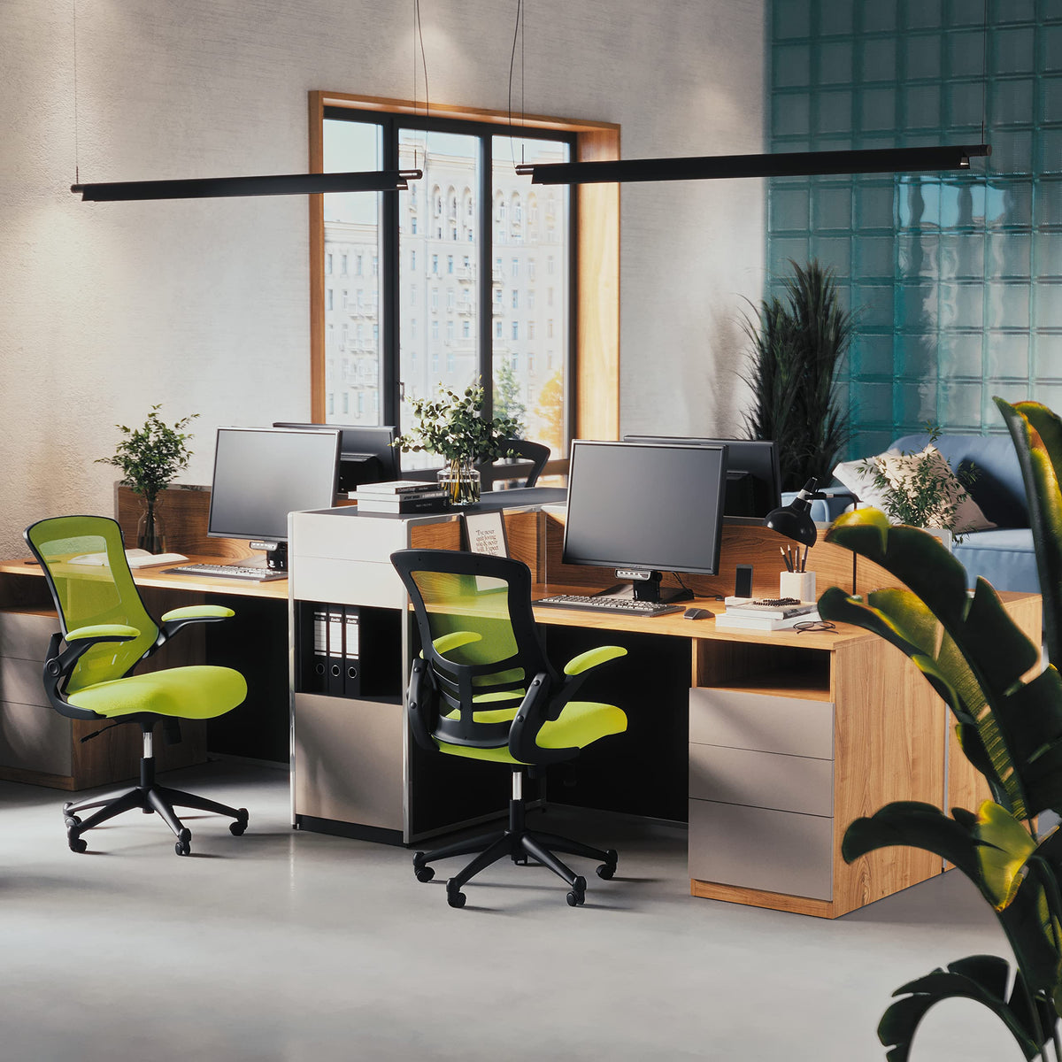 Flash Furniture Set of 4 Mid-Back Swivel Ergonomic Task Office Chairs with Flip-Up Arms, Black Mesh