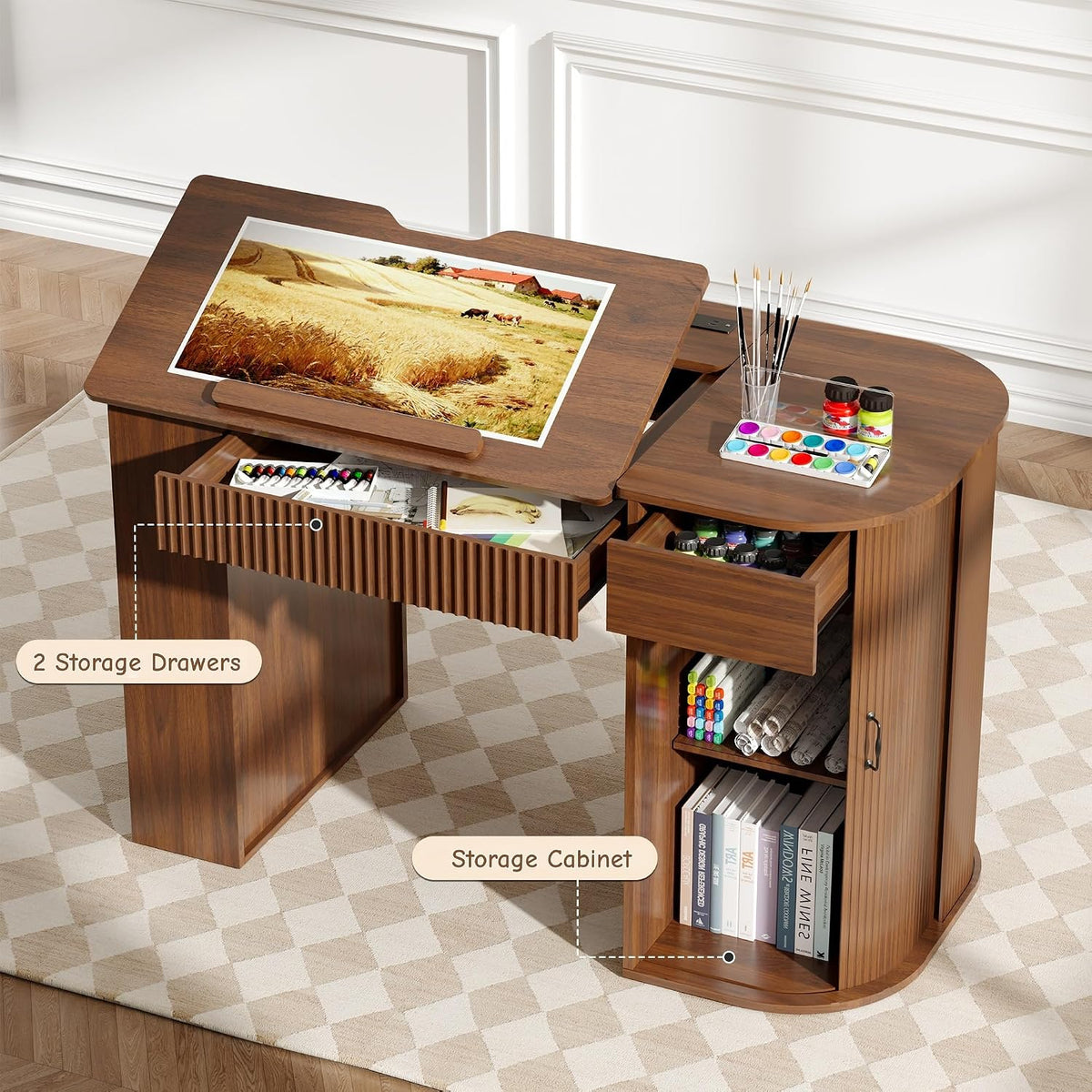 Fluted Drafting Table with Storage, Adjustable Drawing Desk (Walnut)