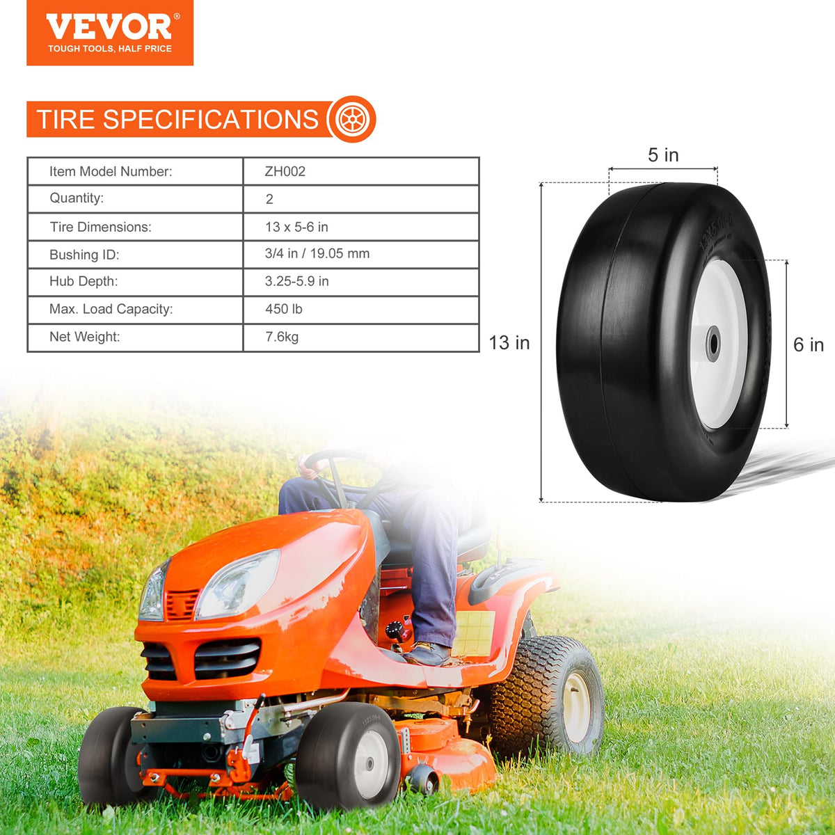 VEVOR Lawn Mower Tires with Rim, 20x8-8" Tubeless Tractor Tires, 2-Pack Tire and Wheel Assembly, S-Turf Pneumatic Tires with 3.5" Offset Hub and 3/4" Bushing Size, for Riding Mowers Lawn Tractors